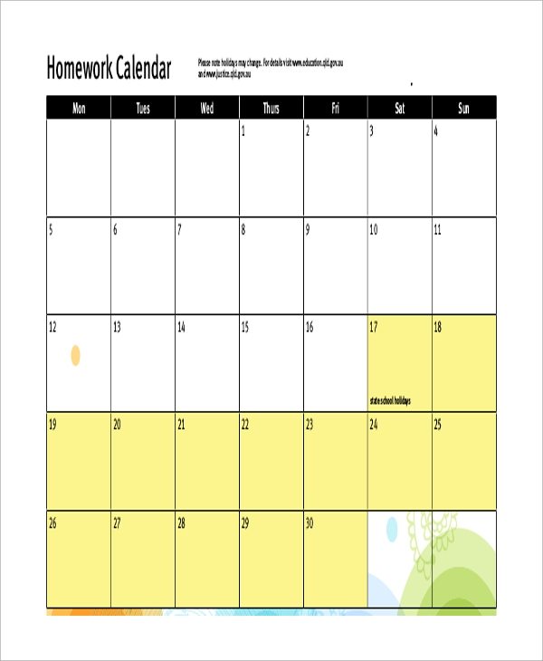 Free 8+ Sample Homework Calendar Templates In Ms Word | Pdf