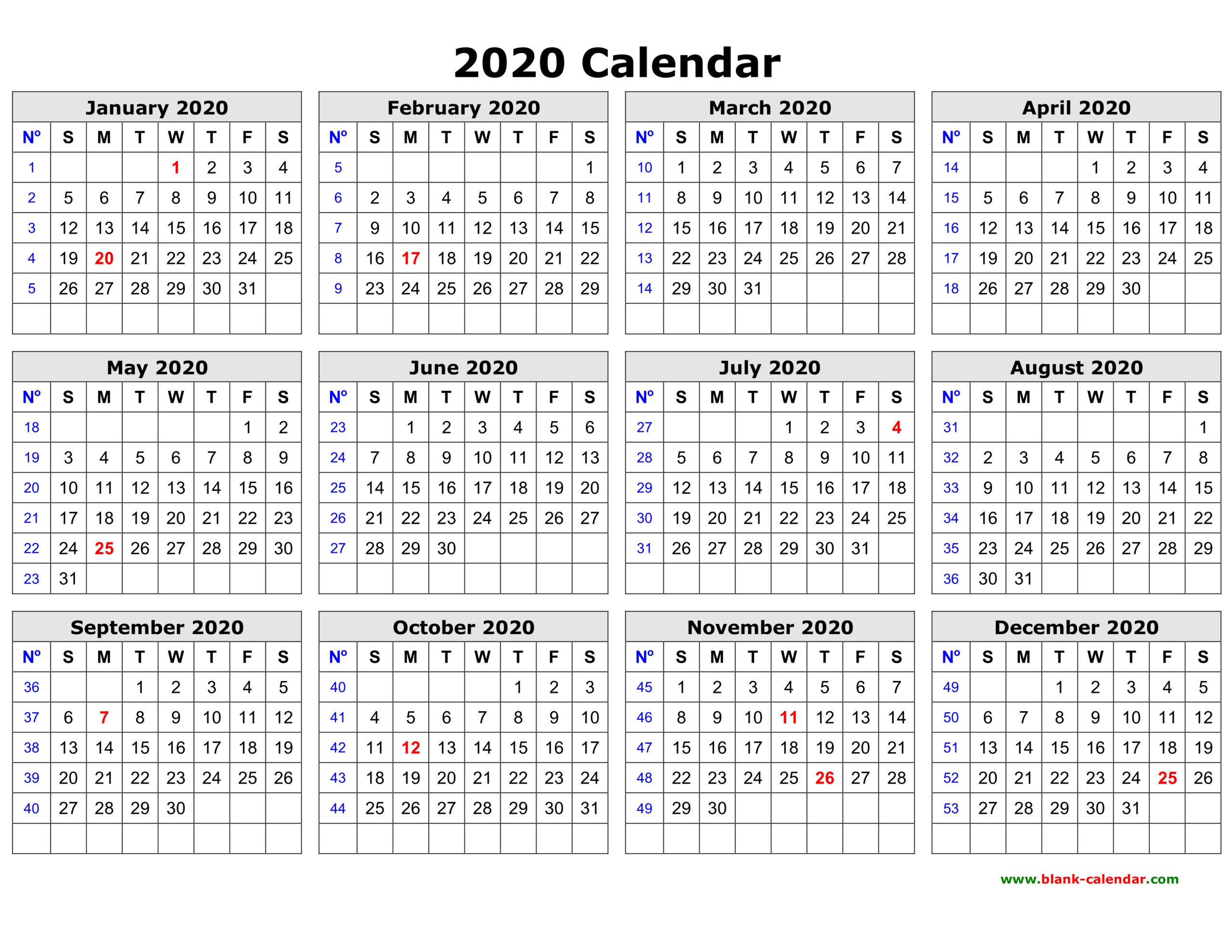 Free Download Printable Calendar 2020 In One Page Clean