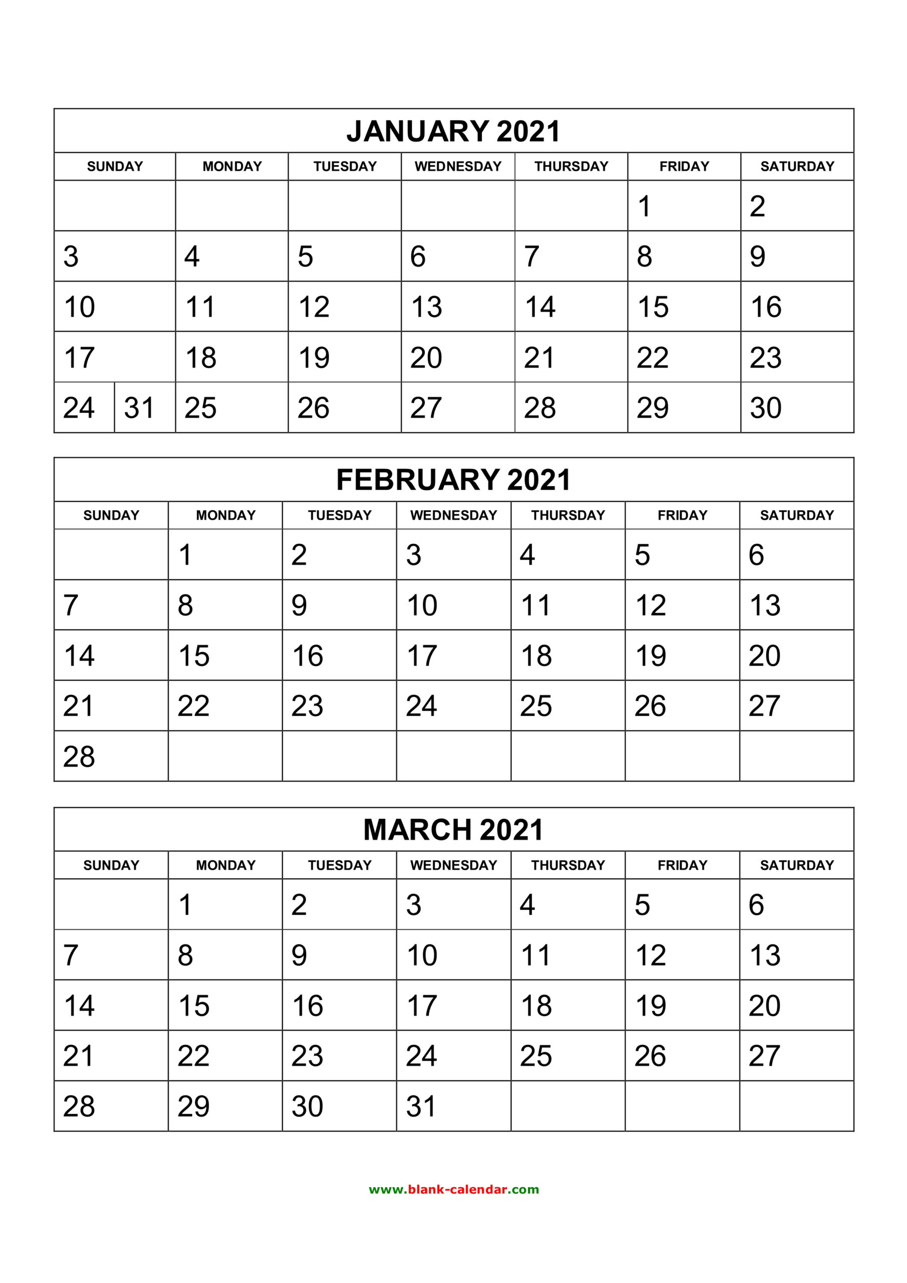 Free Download Printable Calendar 2021 3 Months Per Page 4 Pages (Vertical)