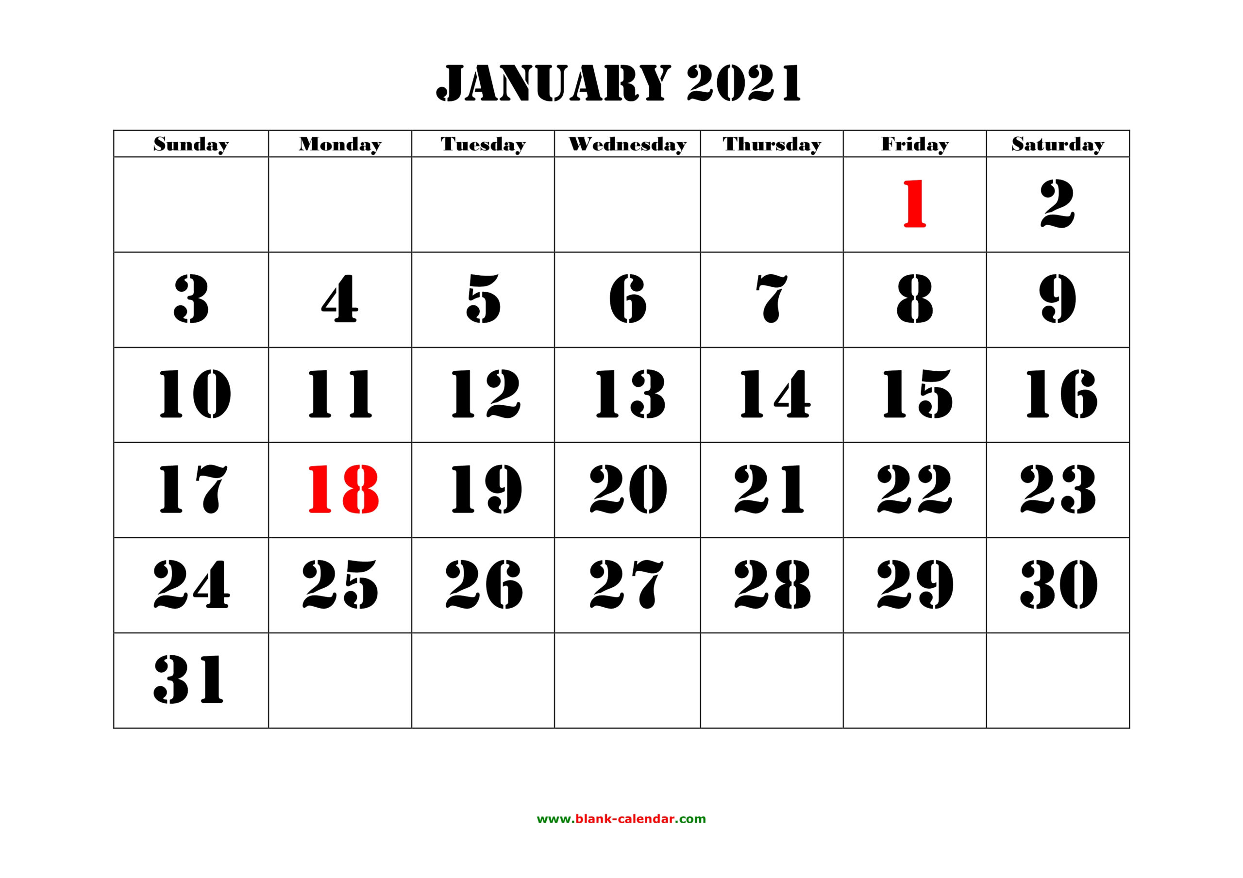 Free Download Printable Calendar 2021 Large Font Design