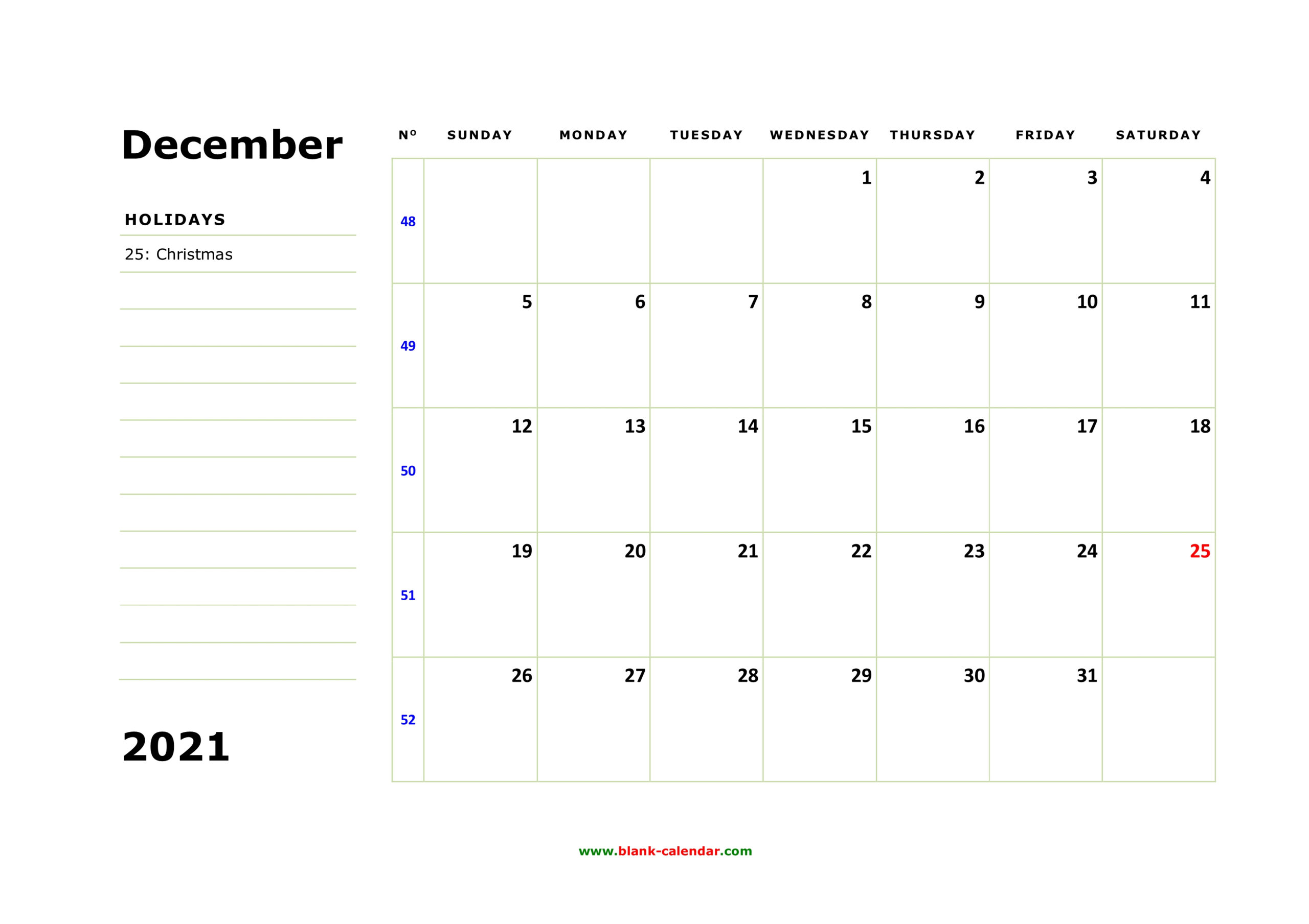 Free Download Printable December 2021 Calendar Large Box Holidays Listed Space For Notes