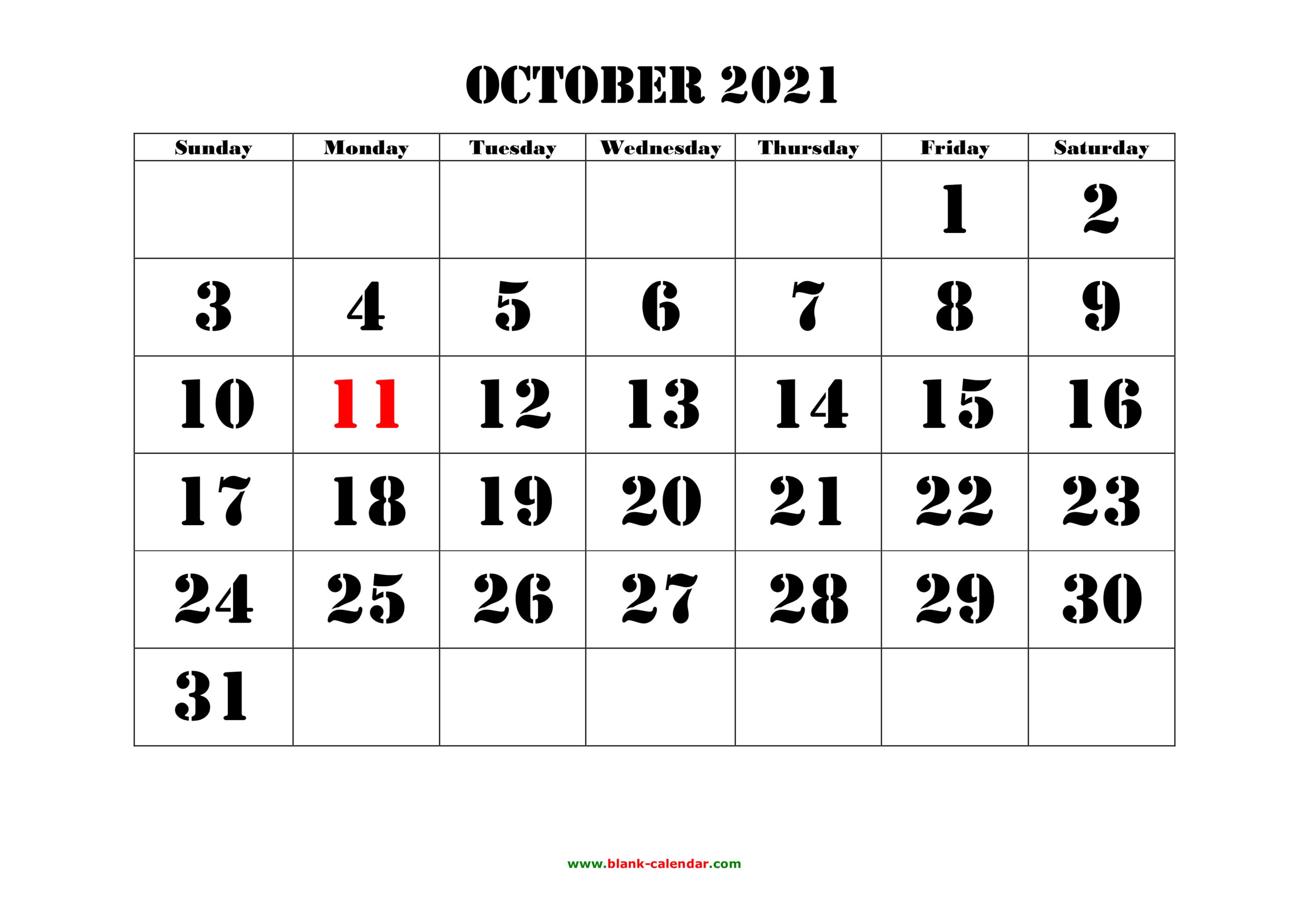 Free Download Printable October 2021 Calendar Large Font Design  Holidays On Red