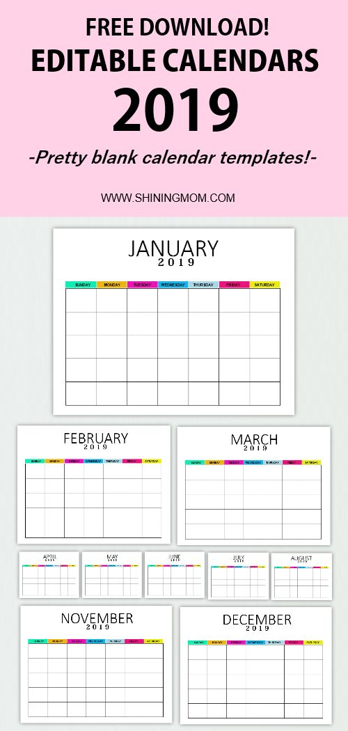 Free Editable Blank Calendar 2019: Colorful Monthly