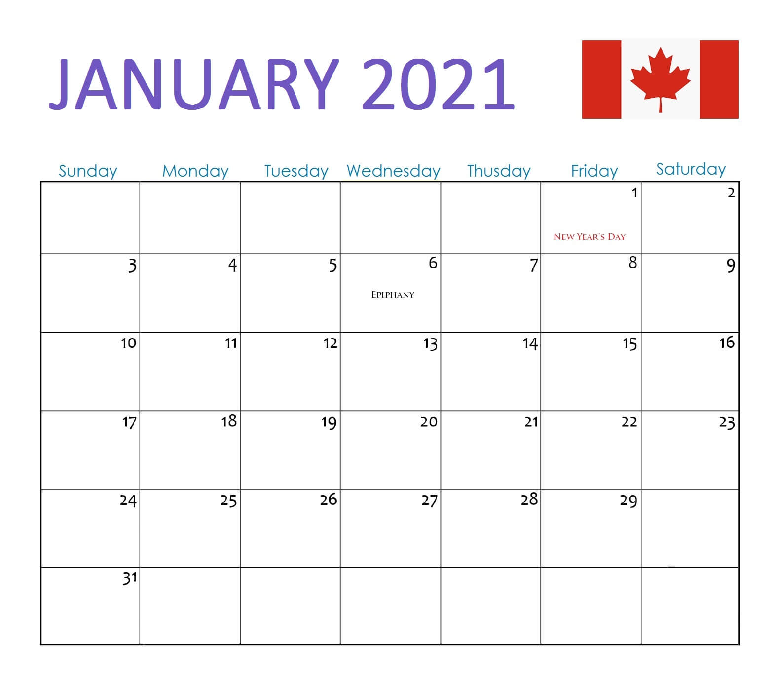Free January 2021 Calendar - Blank Printable Template