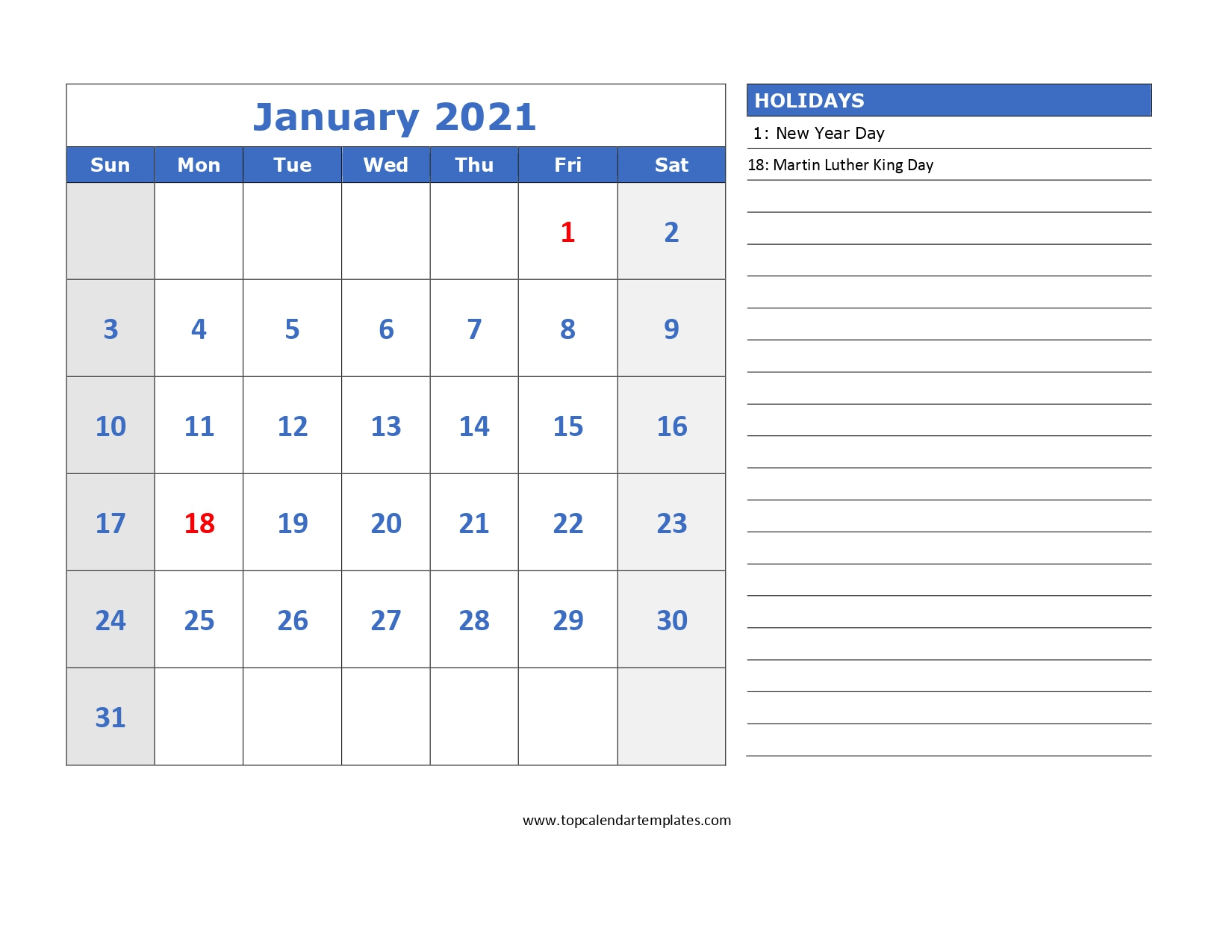 Free January 2021 Calendar Printable Blank Templates