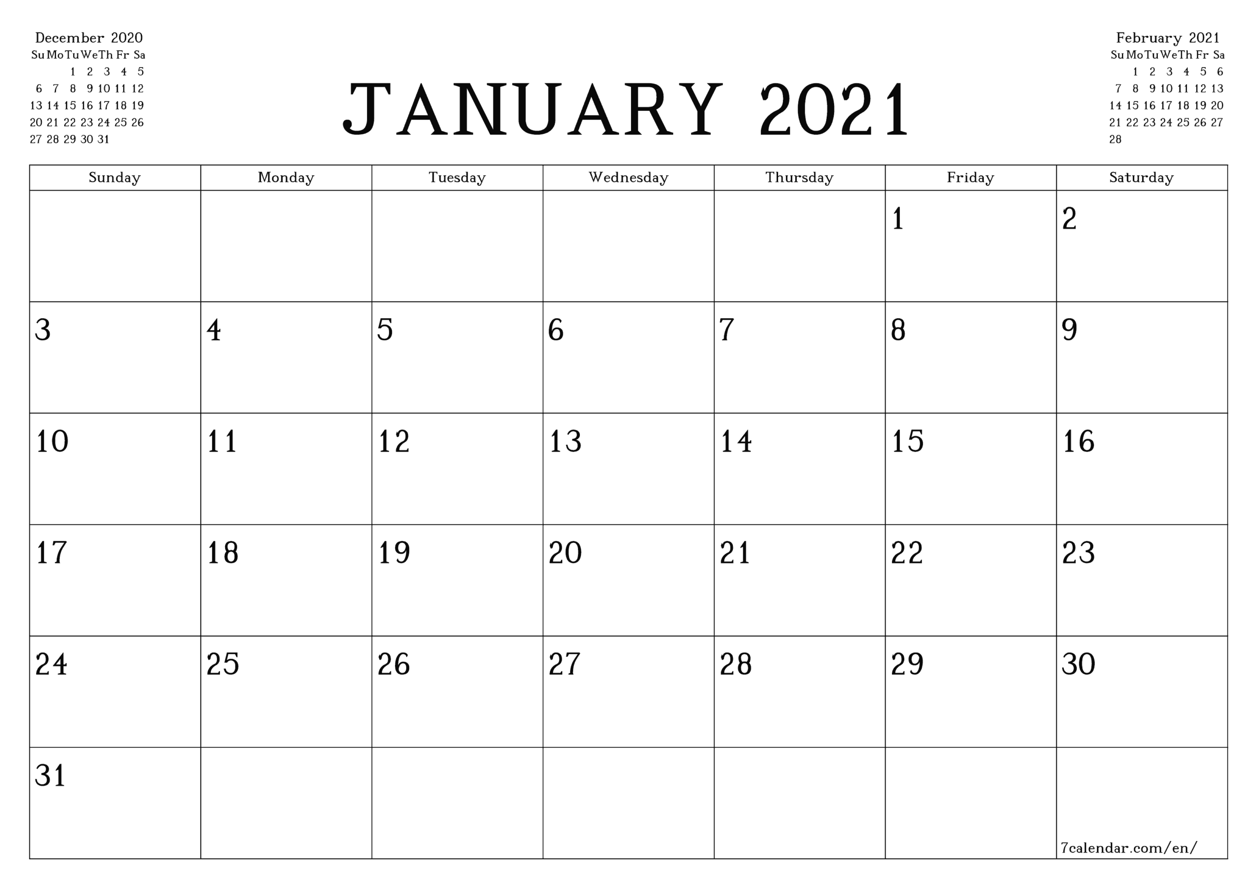 Free January 2021 Calendar Printable - Monthly Template