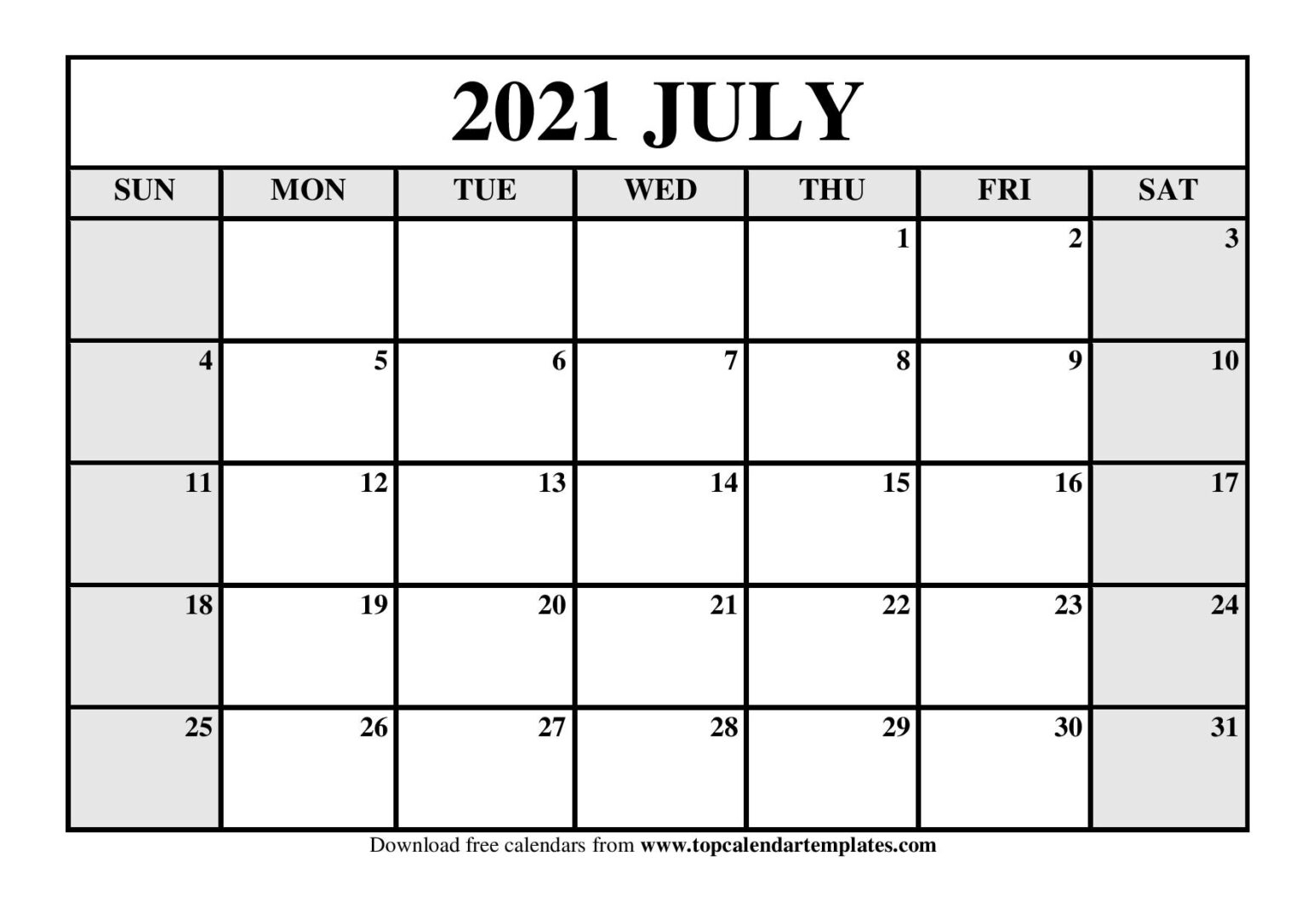 Free July 2021 Printable Calendar - Monthly Templates
