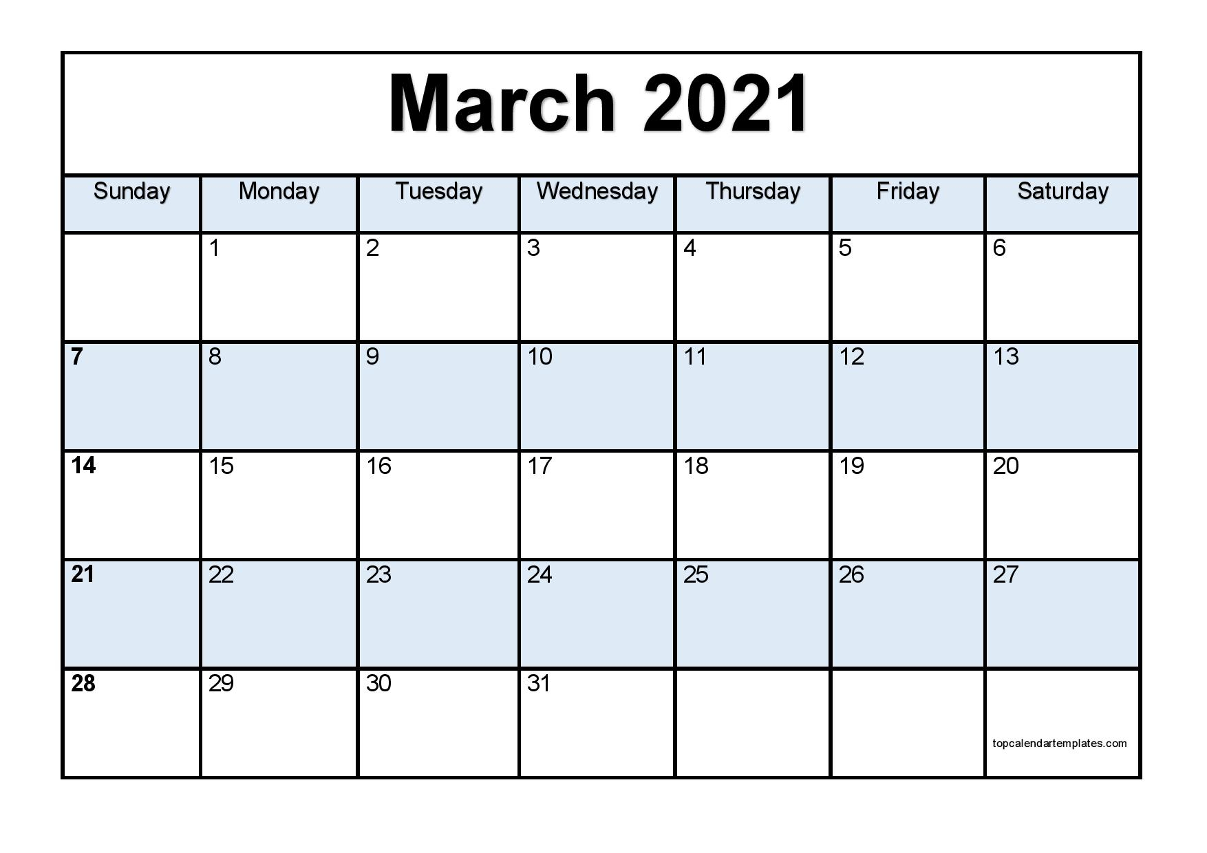 Free March 2021 Calendar Printable - Blank Templates