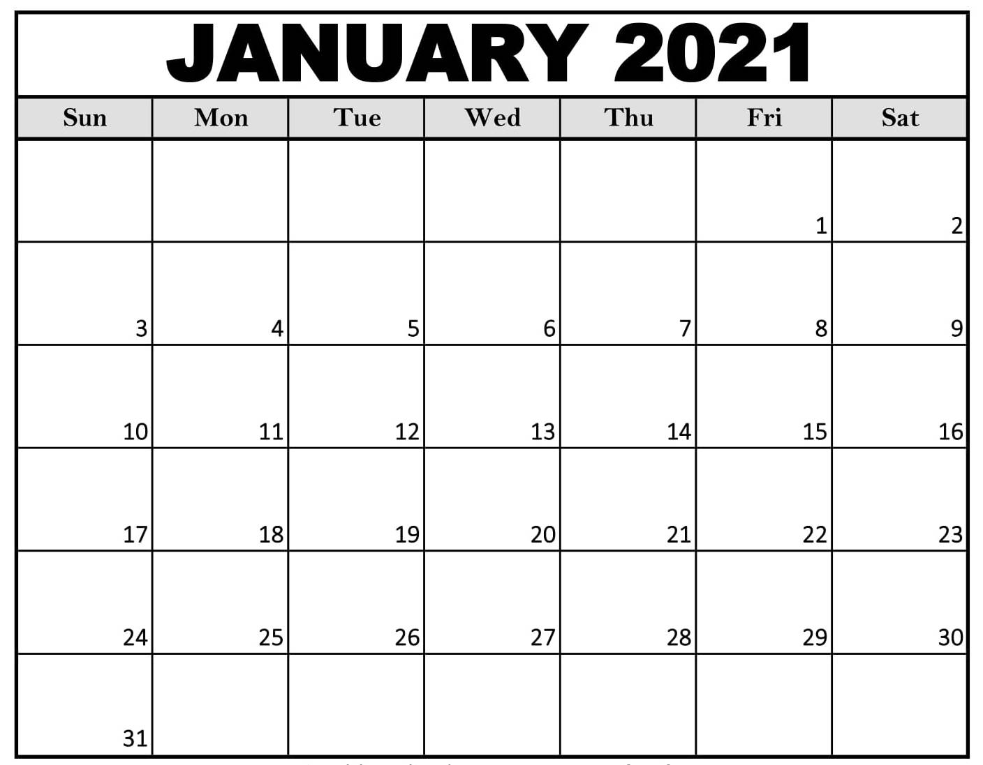 Free Monthly Blank January Calendar 2021 Printable Template