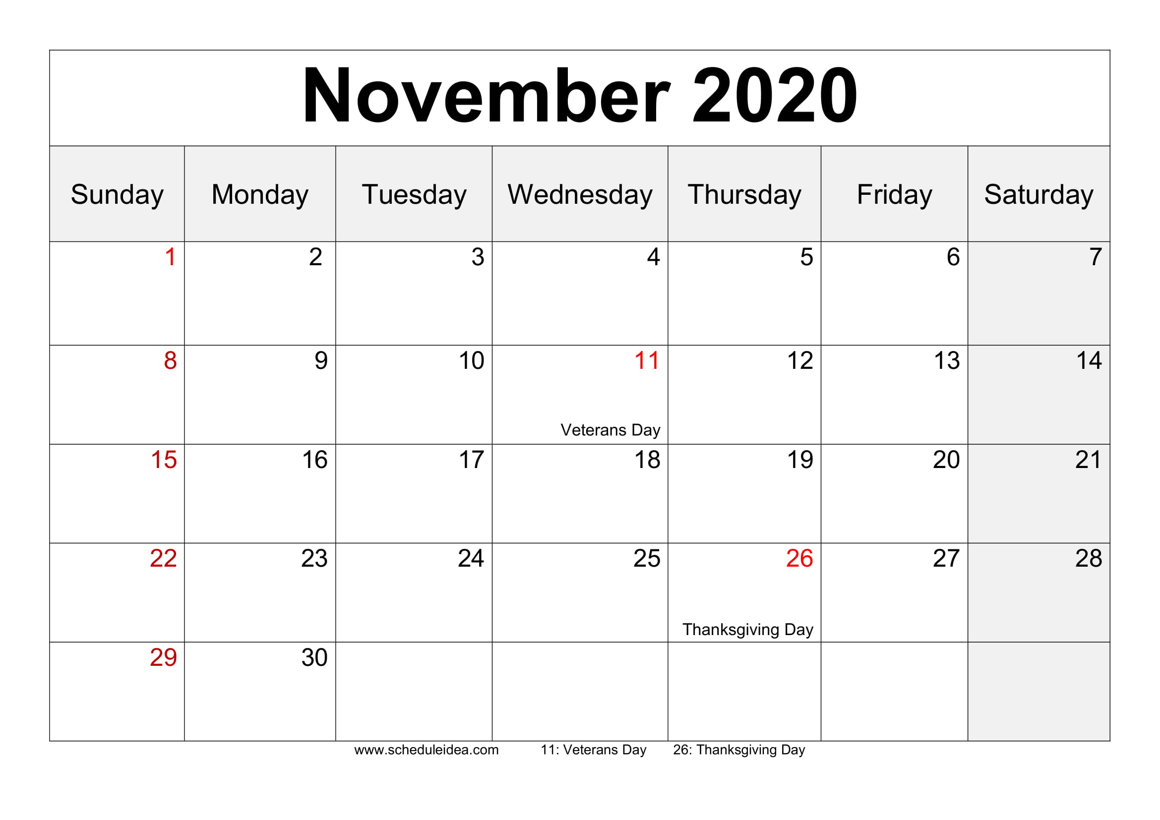 Free November 2020 Calendar Printable (Pdf Word