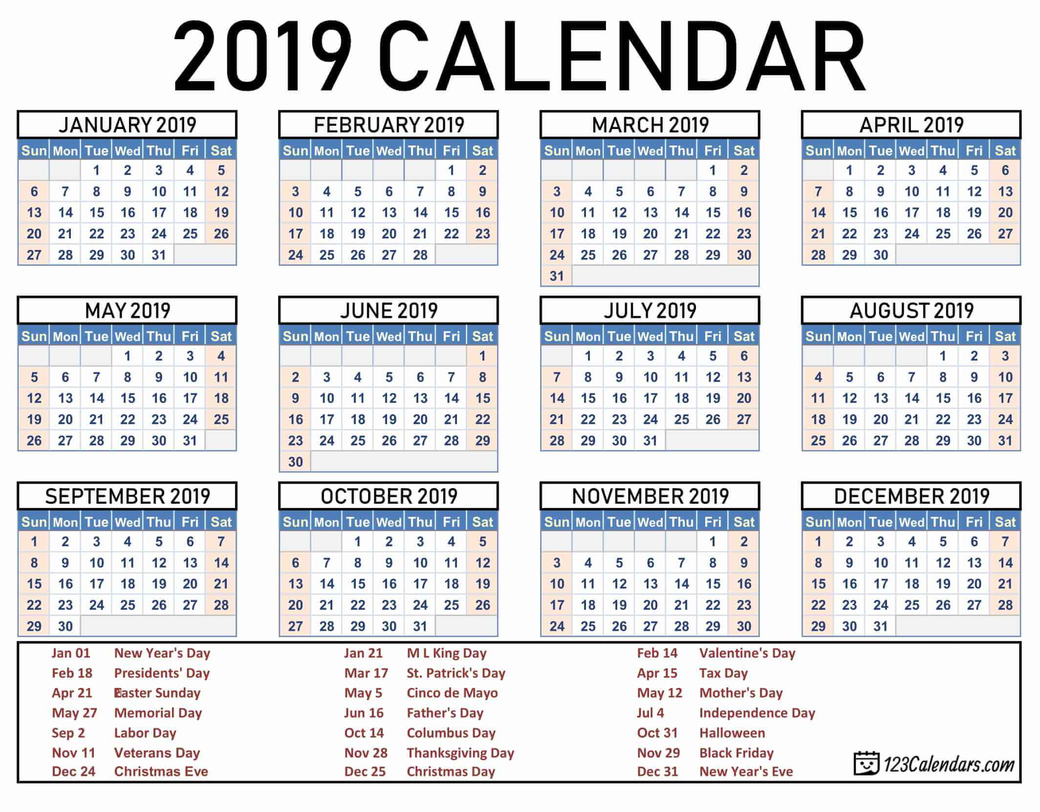 Free Printable 2019 Calendar | 123Calendars