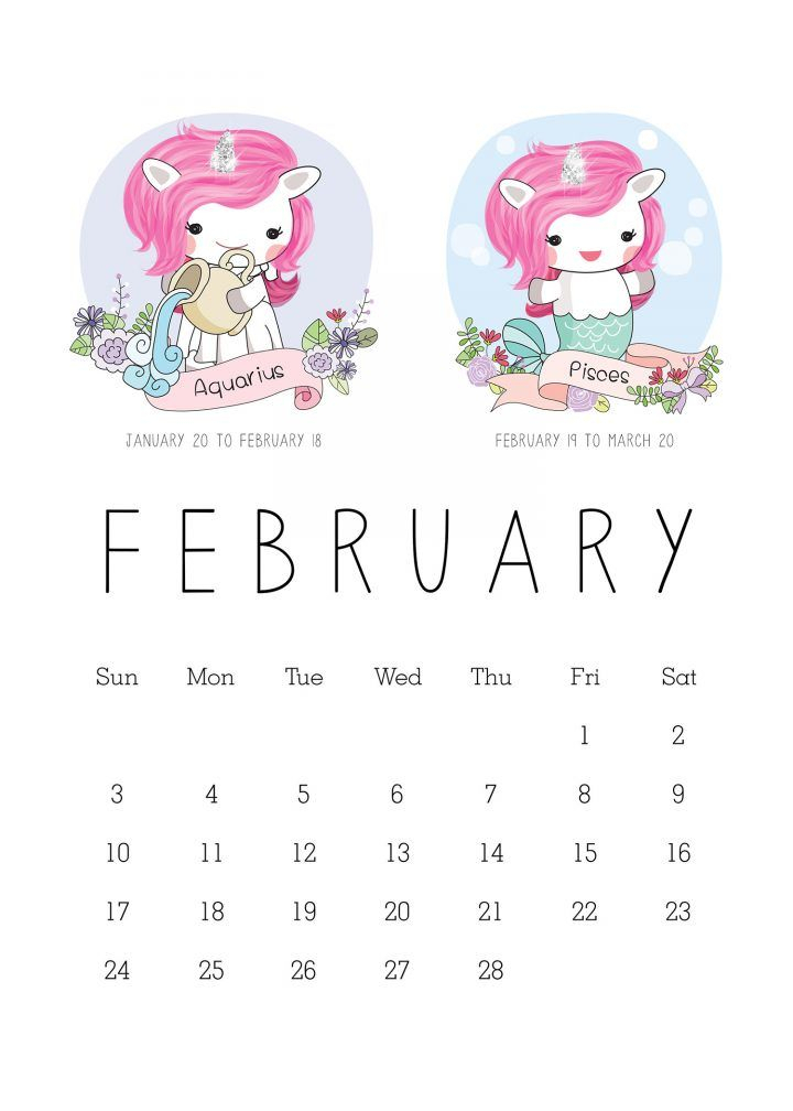 Free Printable 2019 Zodiac Sign Kawaii Unicorn Calendar