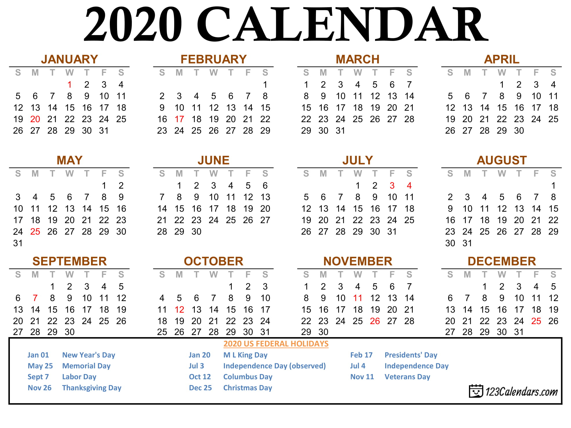 Free Printable 2020 Calendar | 123Calendars