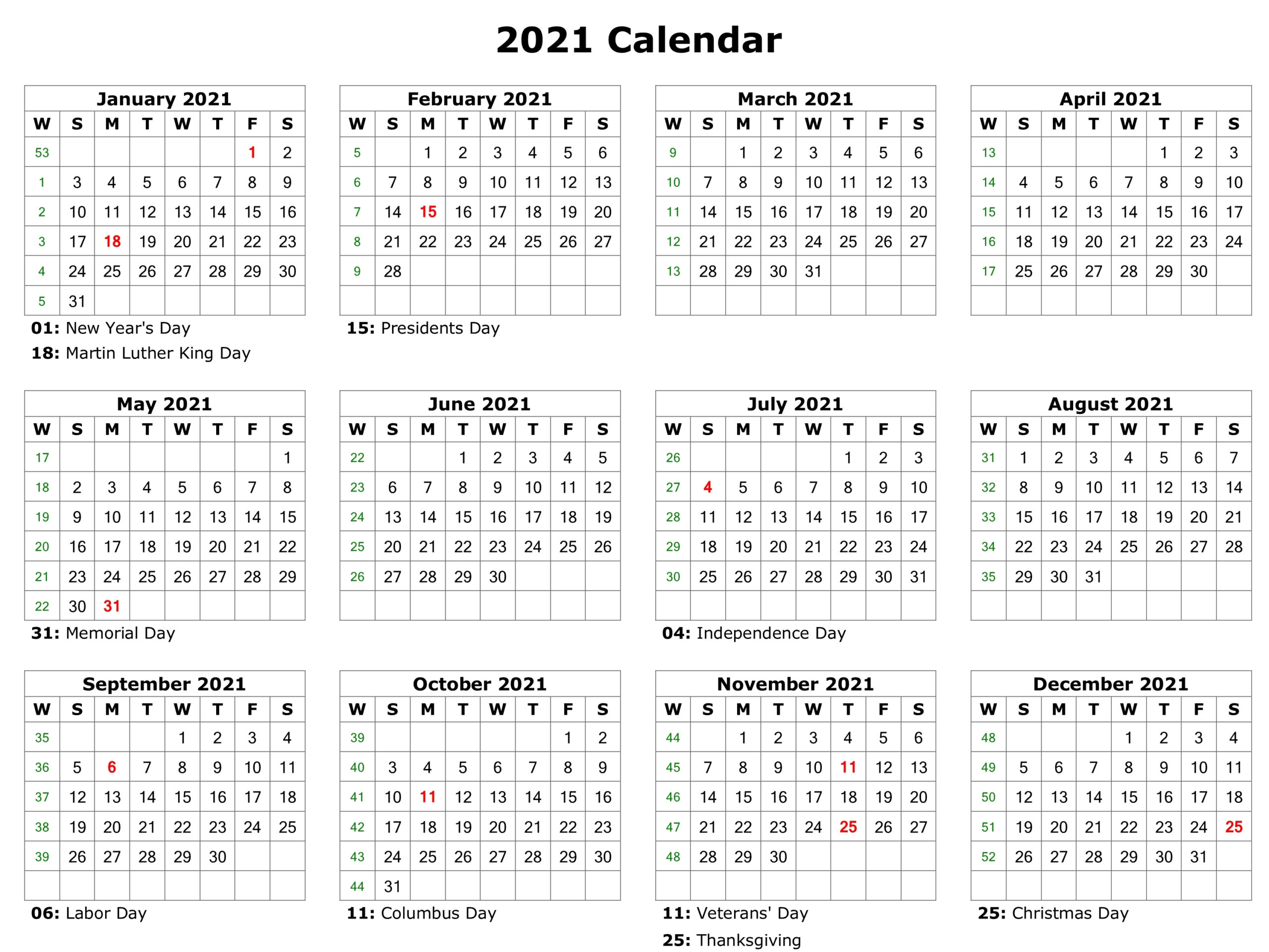 Free Printable 2021 Calendar Excel Word Monthly Template