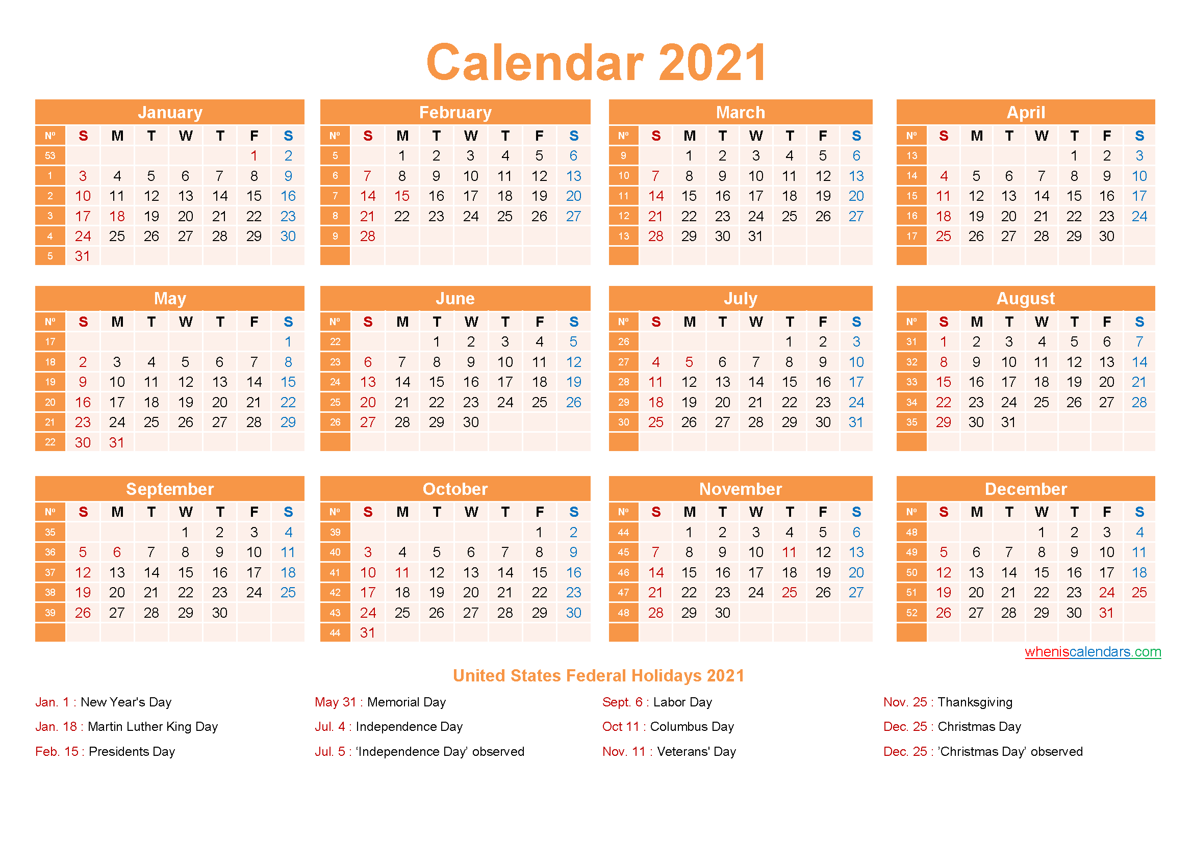 2021 Calendar With Week Numbers