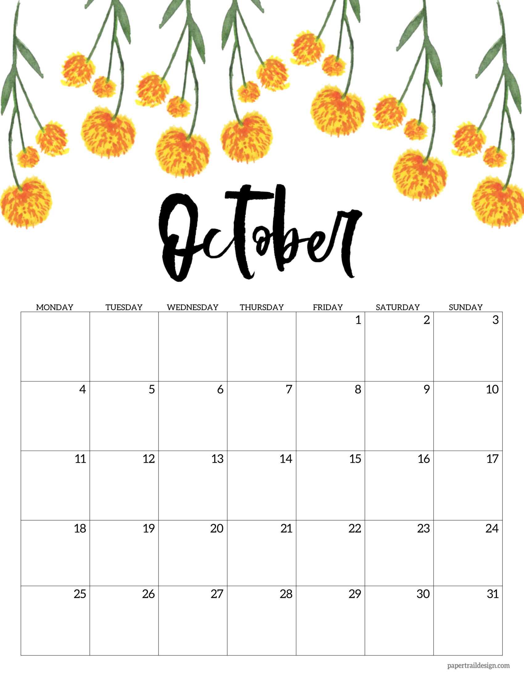 Free Printable 2021 Floral Calendar - Monday Start | Paper
