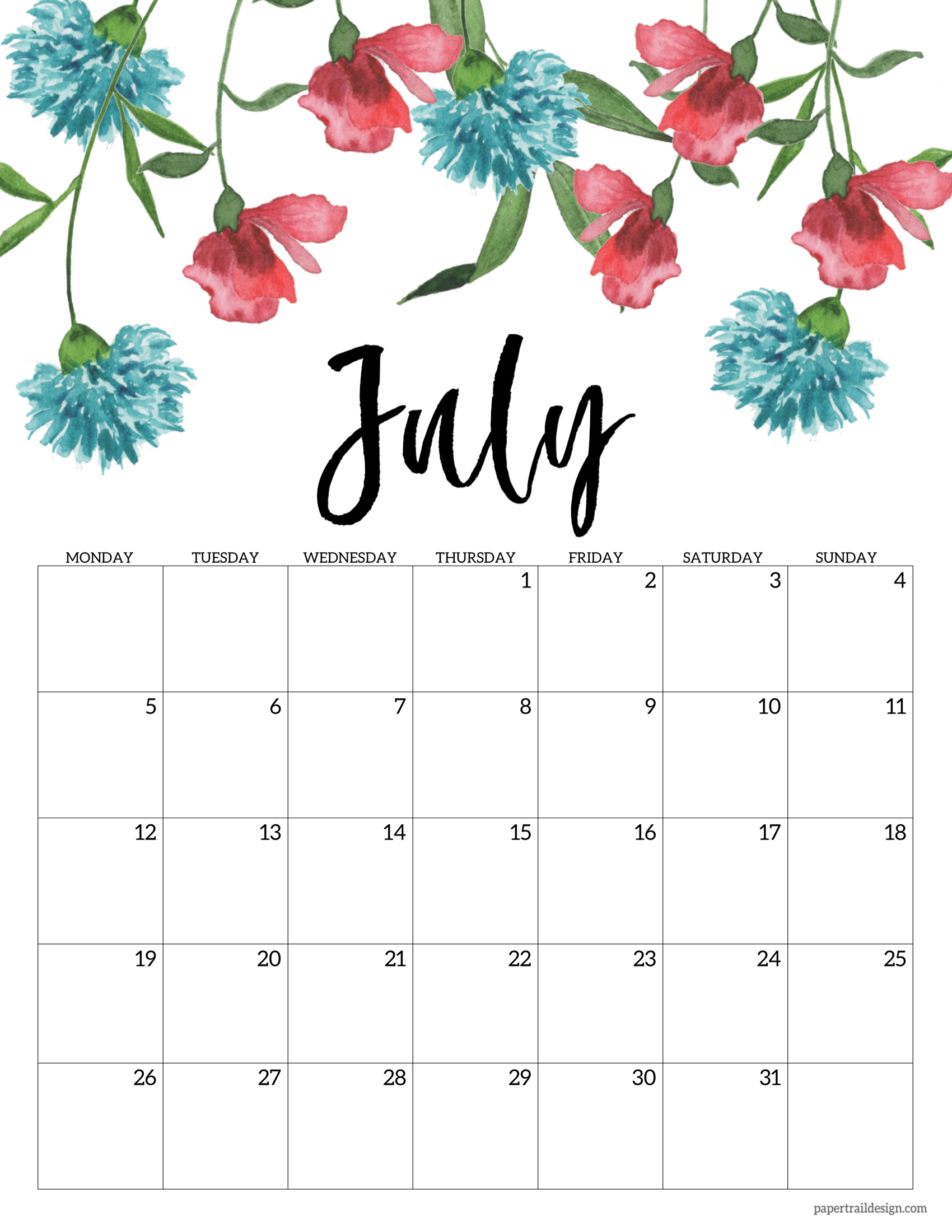 Free Printable 2021 Floral Calendar - Monday Start | Paper