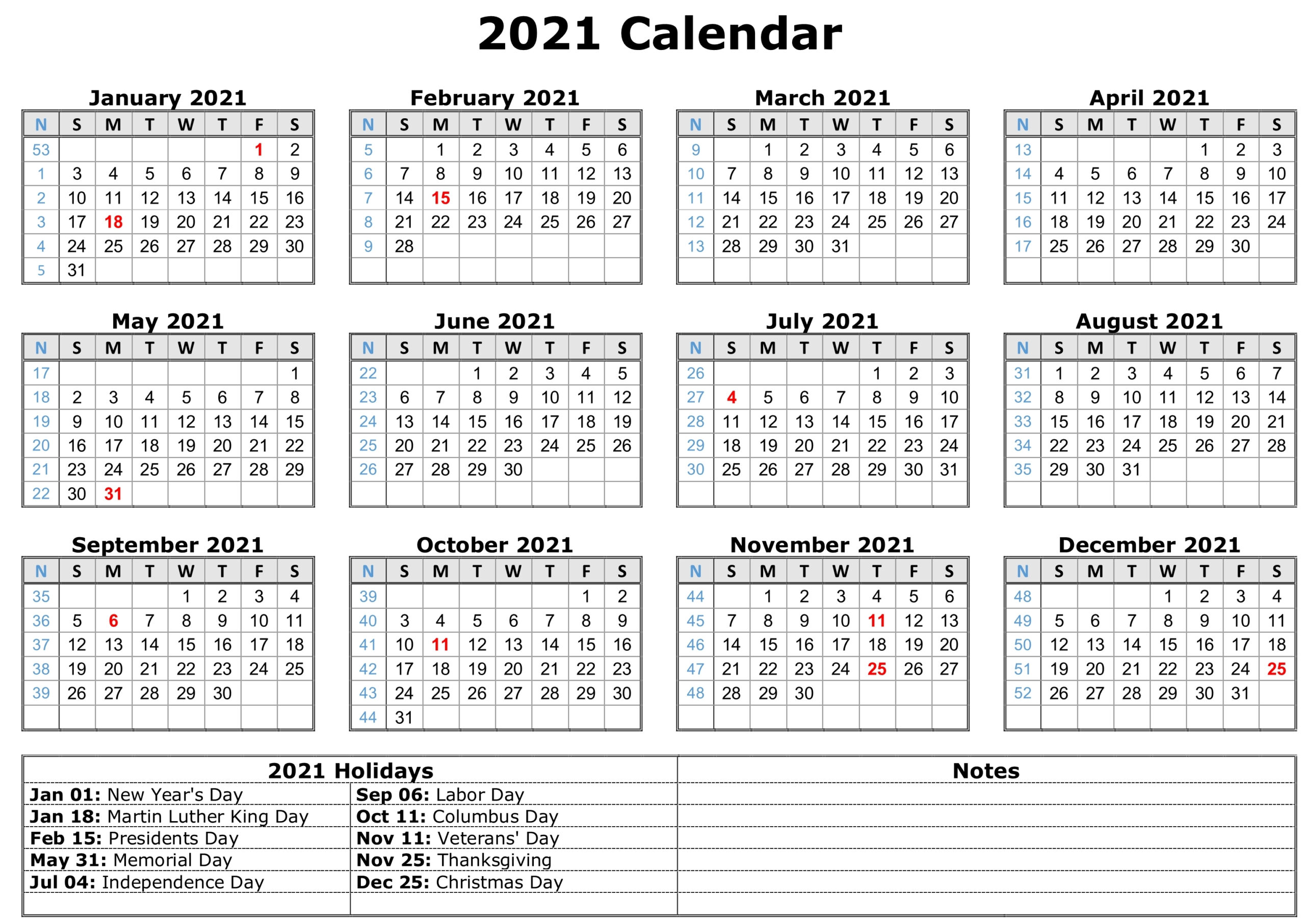 Free Printable 2021 Monthly Calendar With Holidays Word