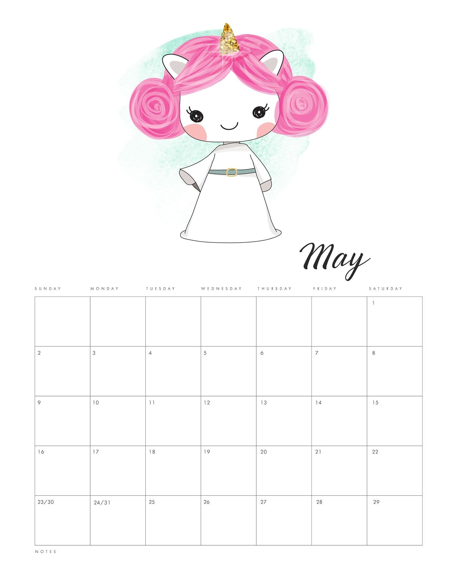 Free Printable 2021 Pop Culture Unicorn Calendar - The