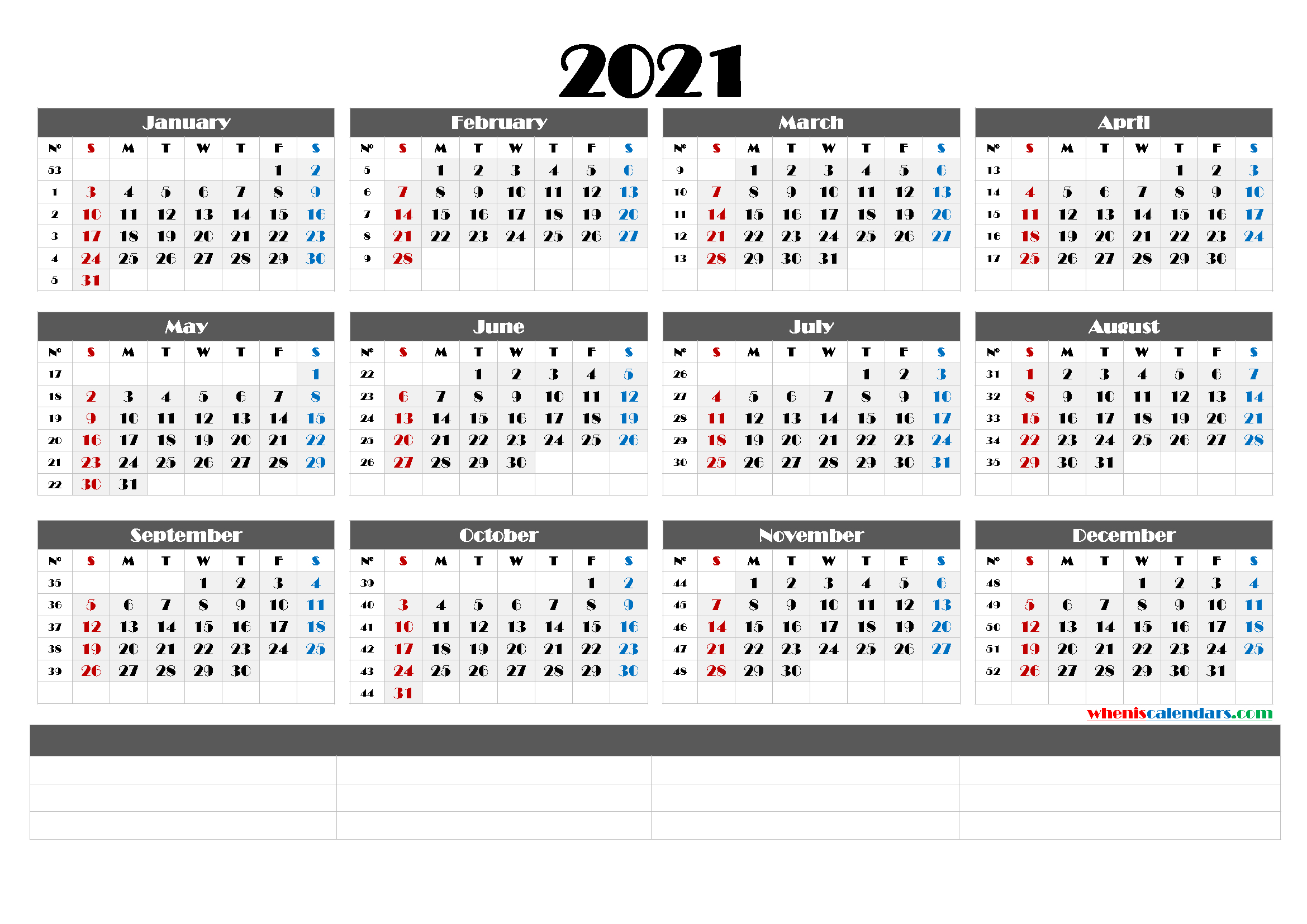 Free Printable 2021 Yearly Calendar (6 Templates)