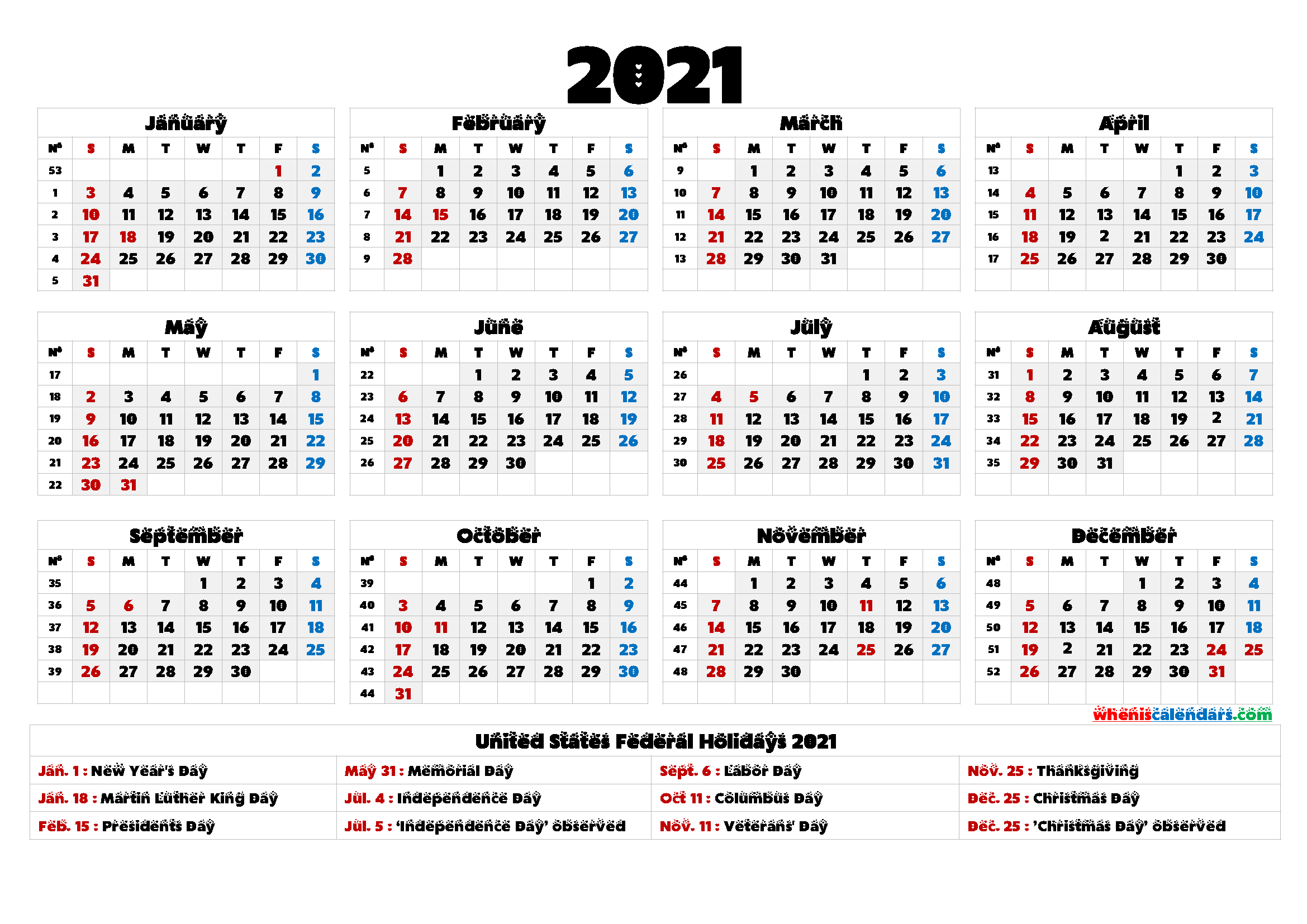 Free Printable 2021 Yearly Calendar With Holidays 12 Templates