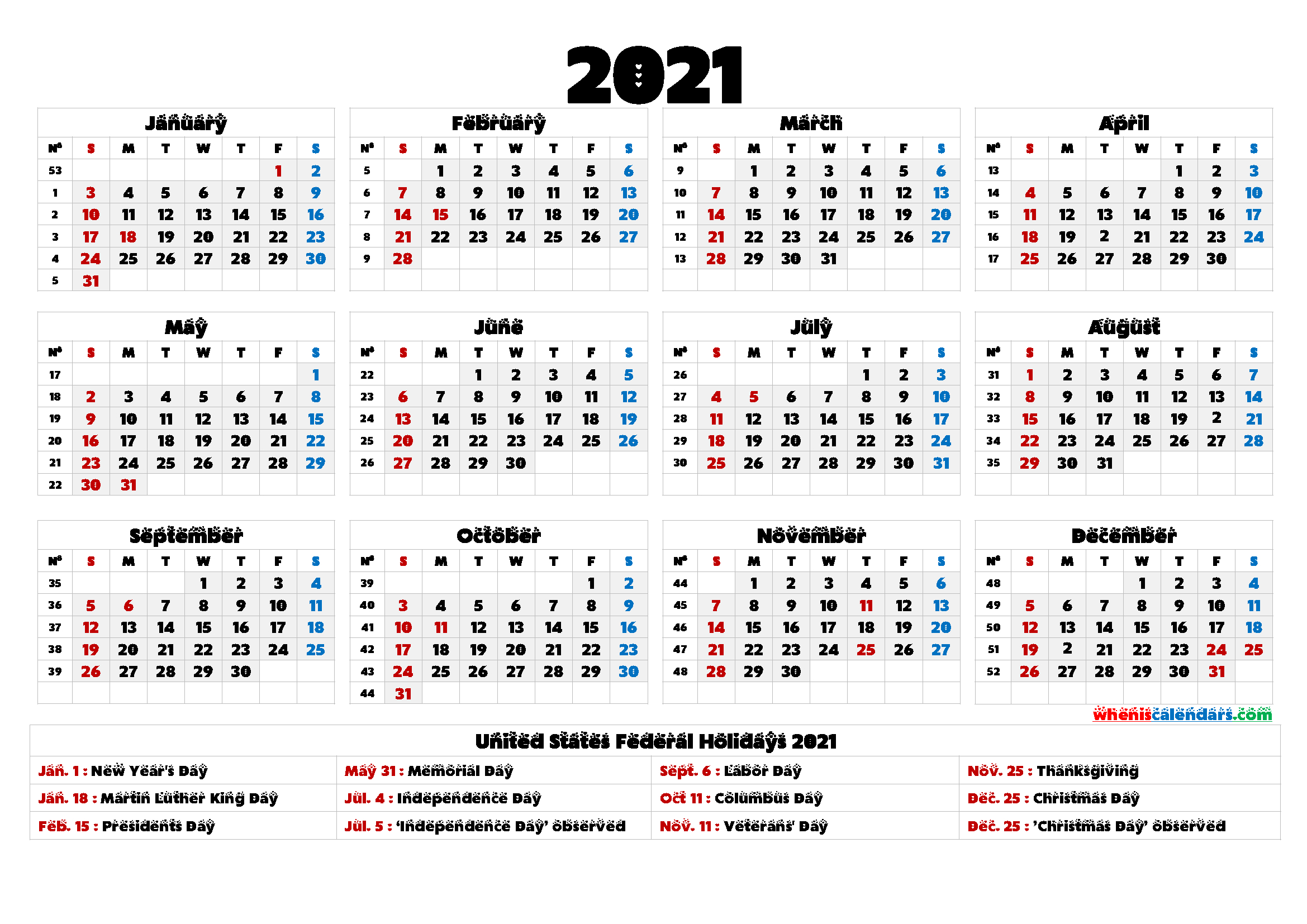 Printable Calendar 2021 Year With Us Holidays