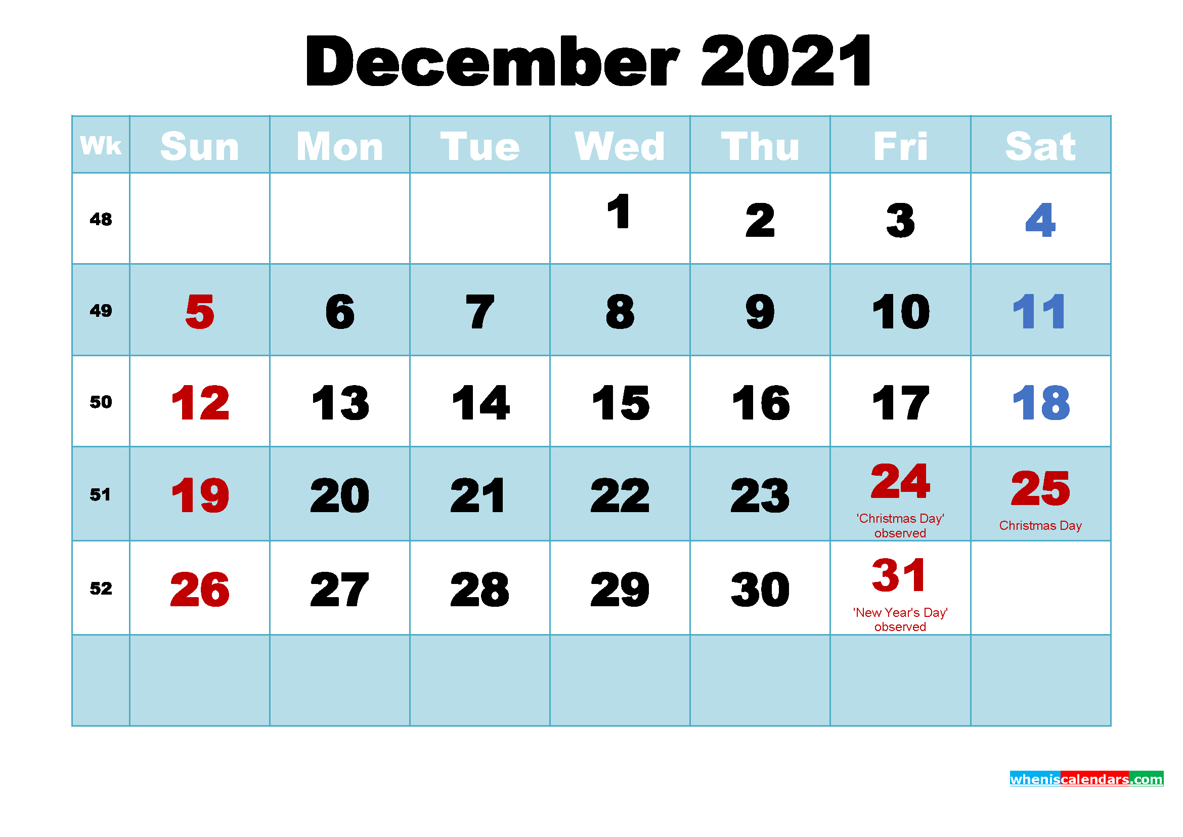 Free Printable December 2021 Calendar With Holidays As