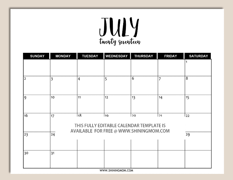 Free Printable: Fully Editable 2017 Calendar Templates In