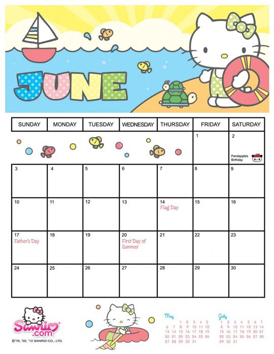 Free Printable Hello Kitty June Calendar 2012 - Cute
