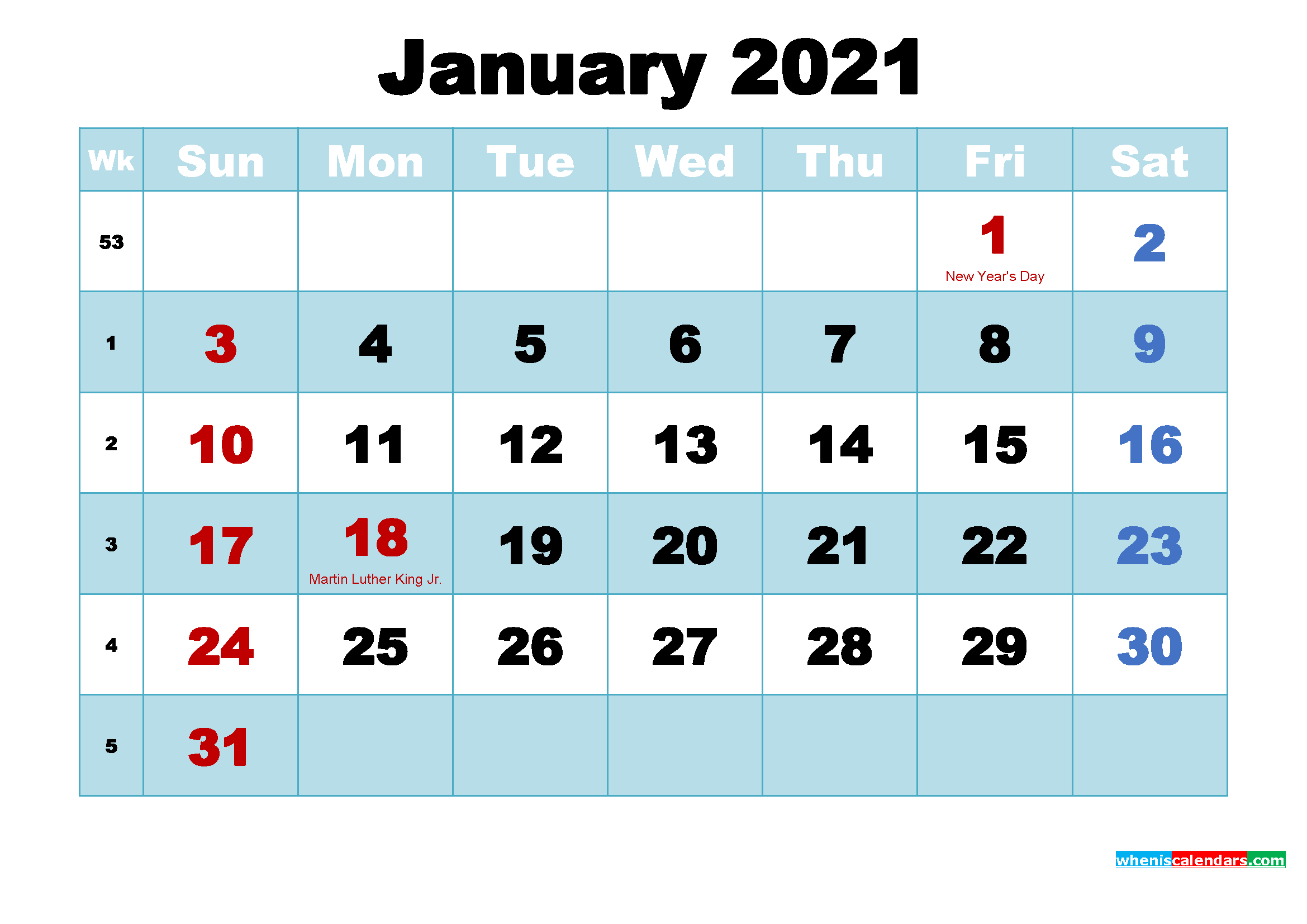 Free Printable January 2021 Calendar With Holidays As Word