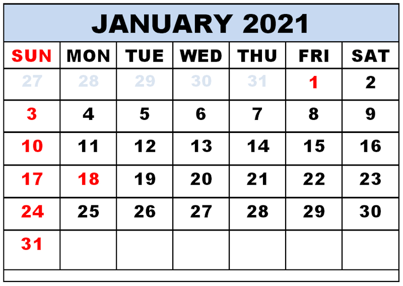 Free Printable January 2021 Calendar With Holidays - Free
