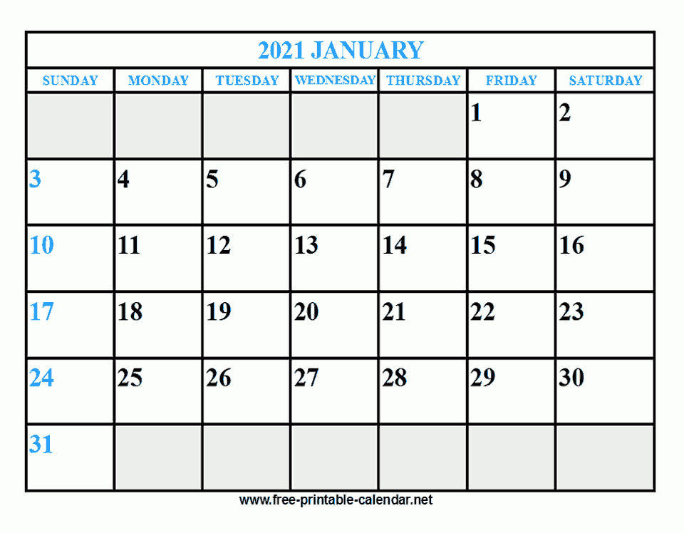 Free Printable January 2021 Calendar