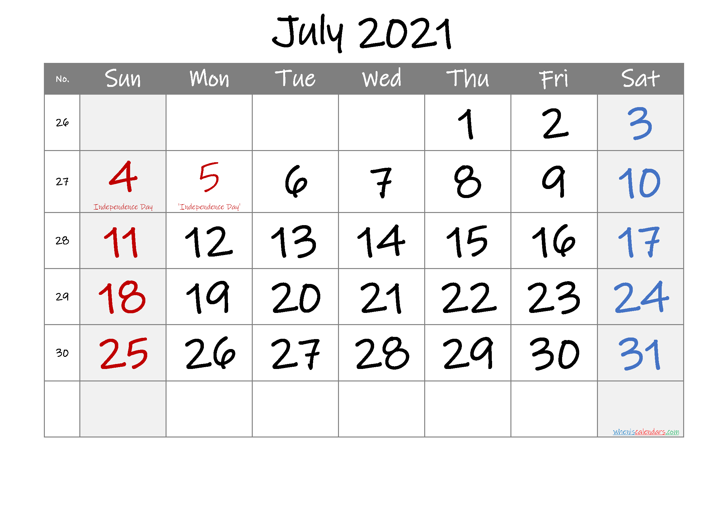 Free Printable July 2021 Calendar With Holidays