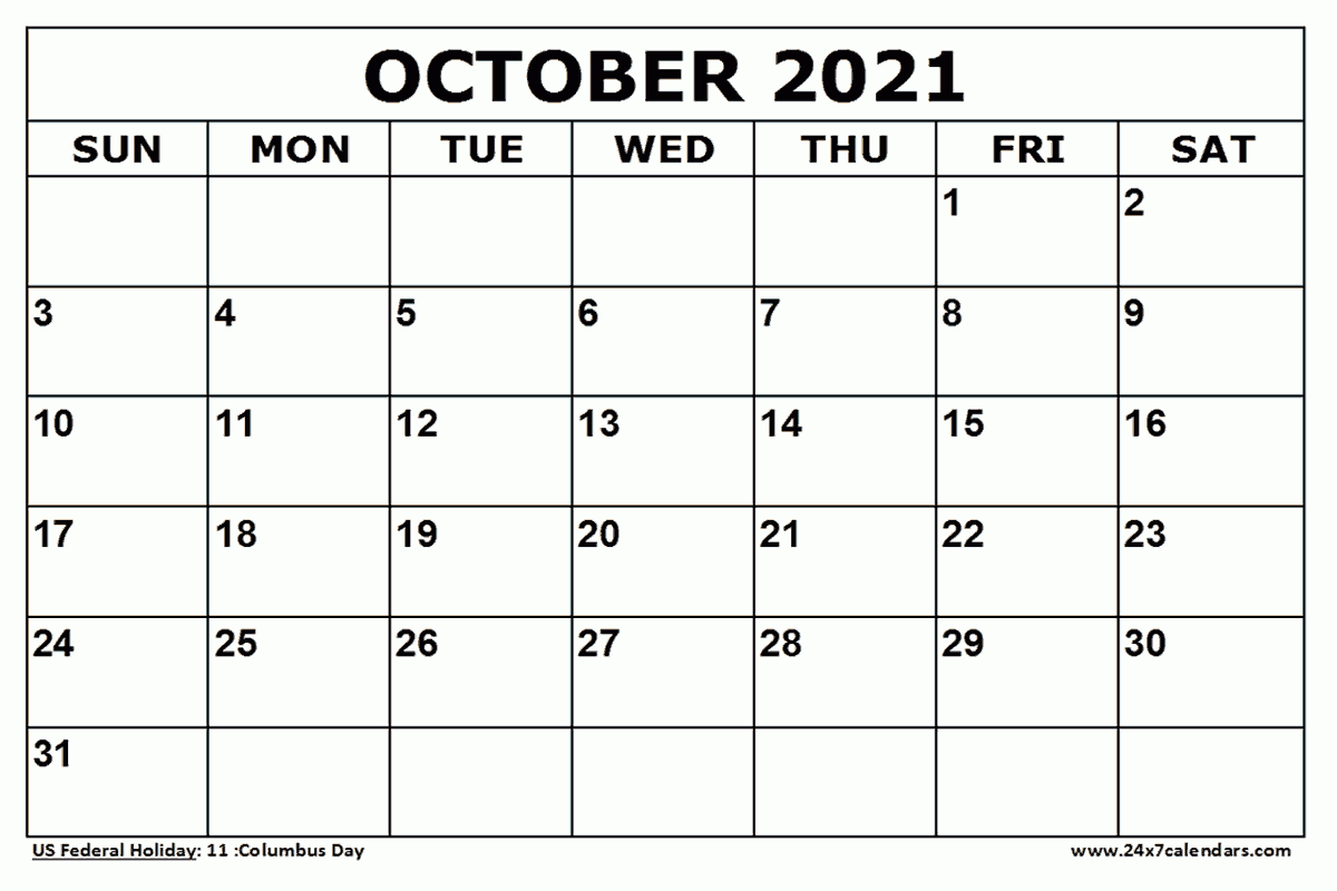 Free Printable October 2021 Calendar : 24X7Calendars