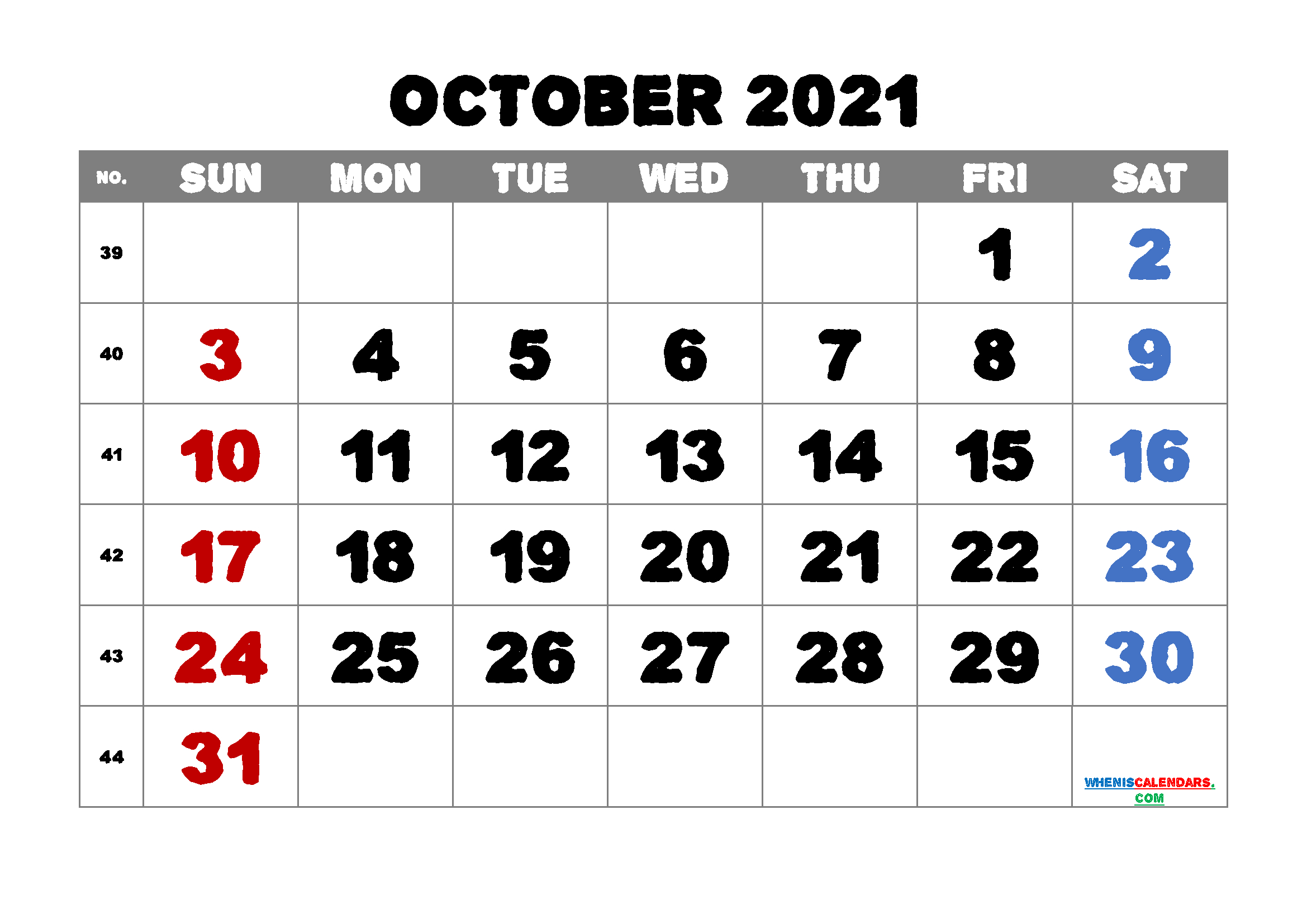 Free Printable October 2021 Calendar