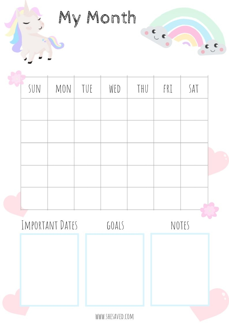 Calendar 2021 Unicorn Free Printable