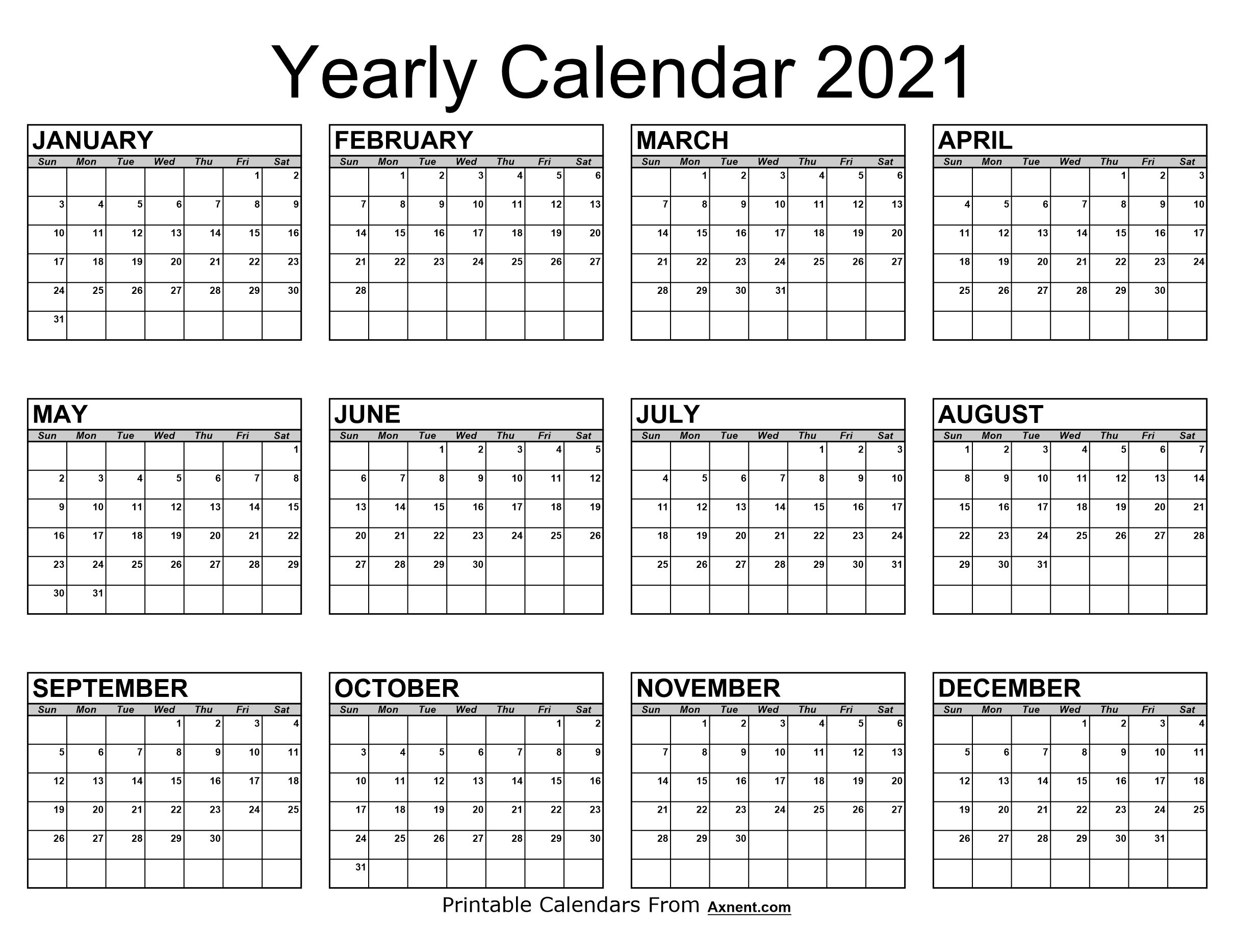 Free Printable Year 2021 Calendar Template - Time