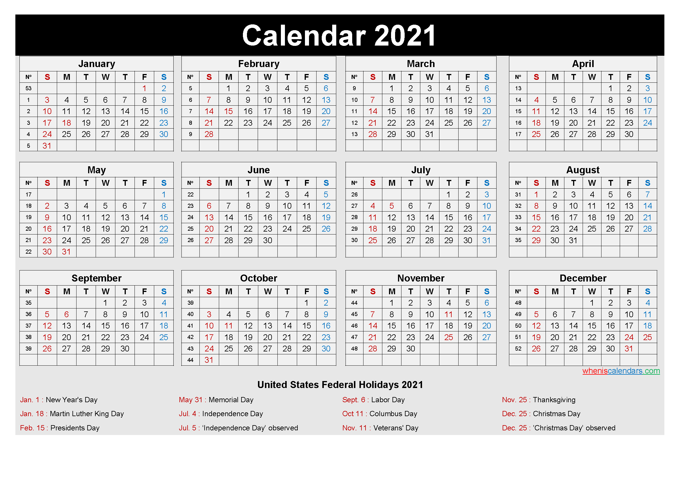 Free Printable Yearly 2021 Calendar With Holidays As Word Pdf