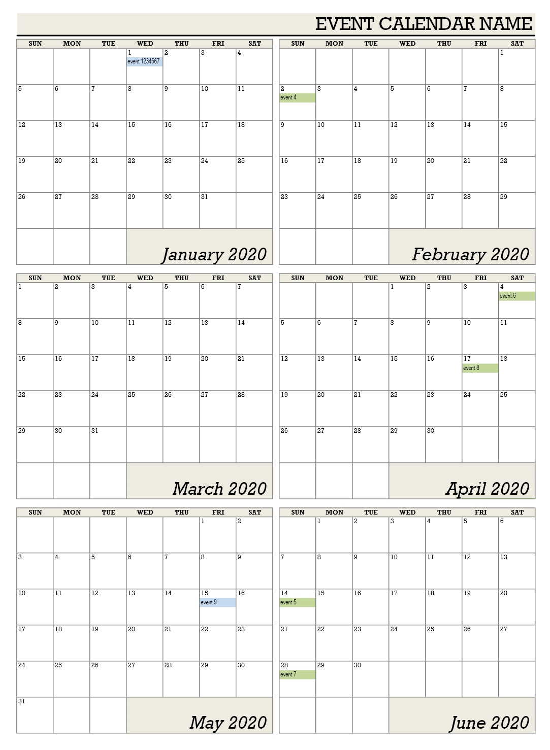 Free Six-Monthly Calendar Template