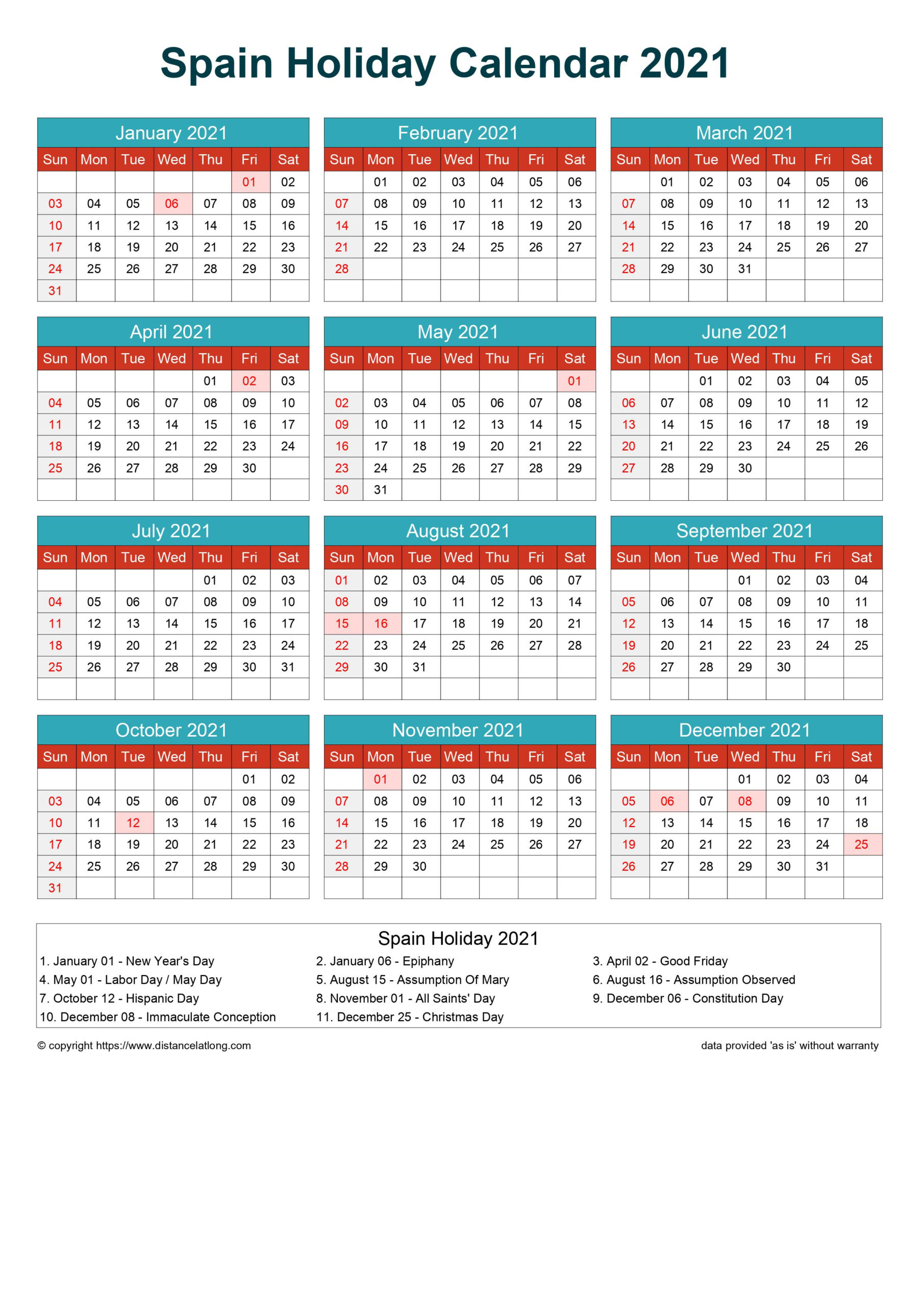 Free Spain Holiday Printable Calendar Cheerful Bright