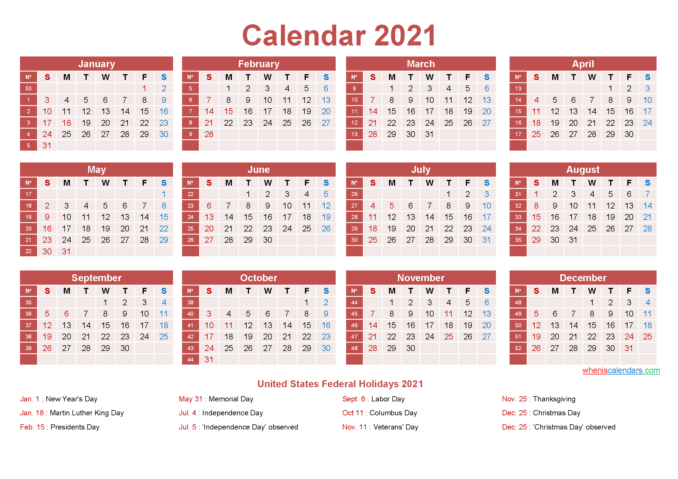 Free Yearly 2021 Calendar With Holidays Word Pdf