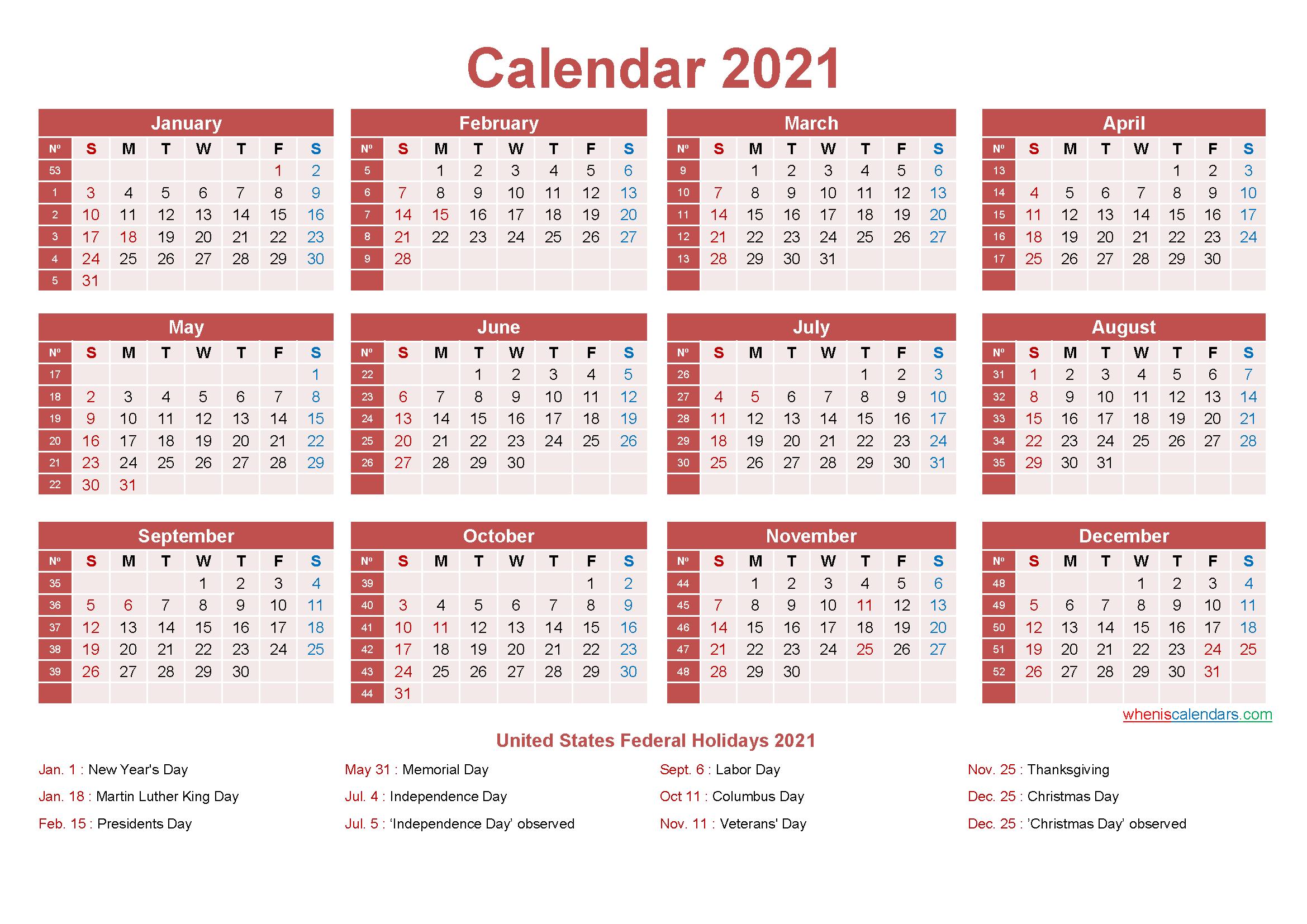 Free Printable 2021 Calendar-Year