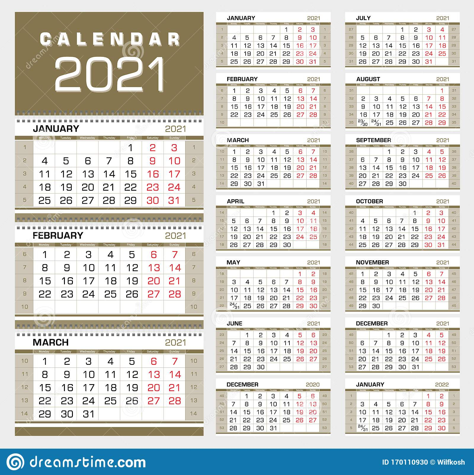 Gold Wall Quarterly Calendar 2021 With Week Numbers. Week