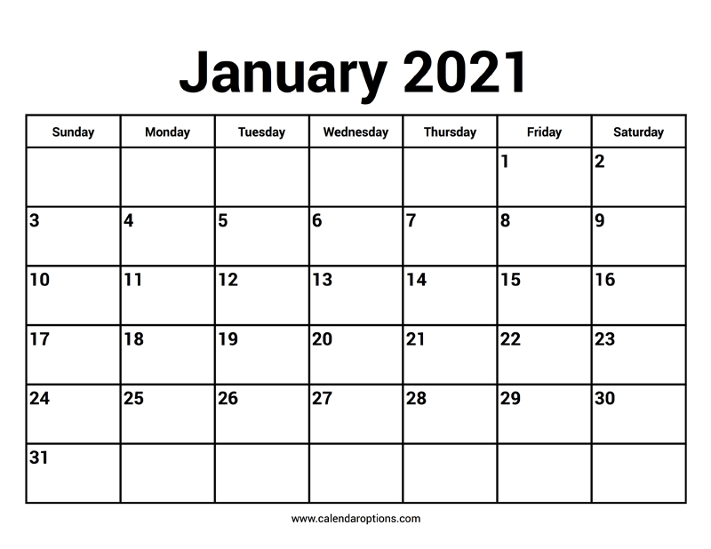 January 2021 Calendar - Calendar Options
