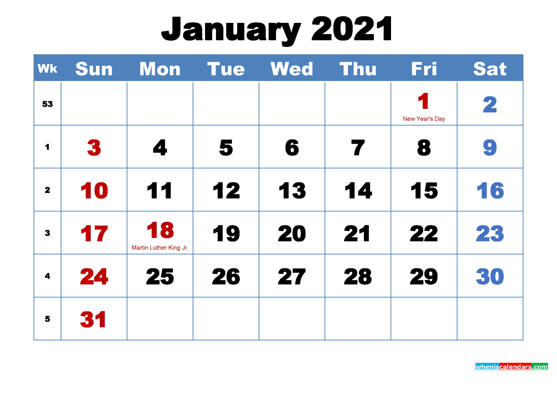 January 2021 Desktop Calendar Free Download