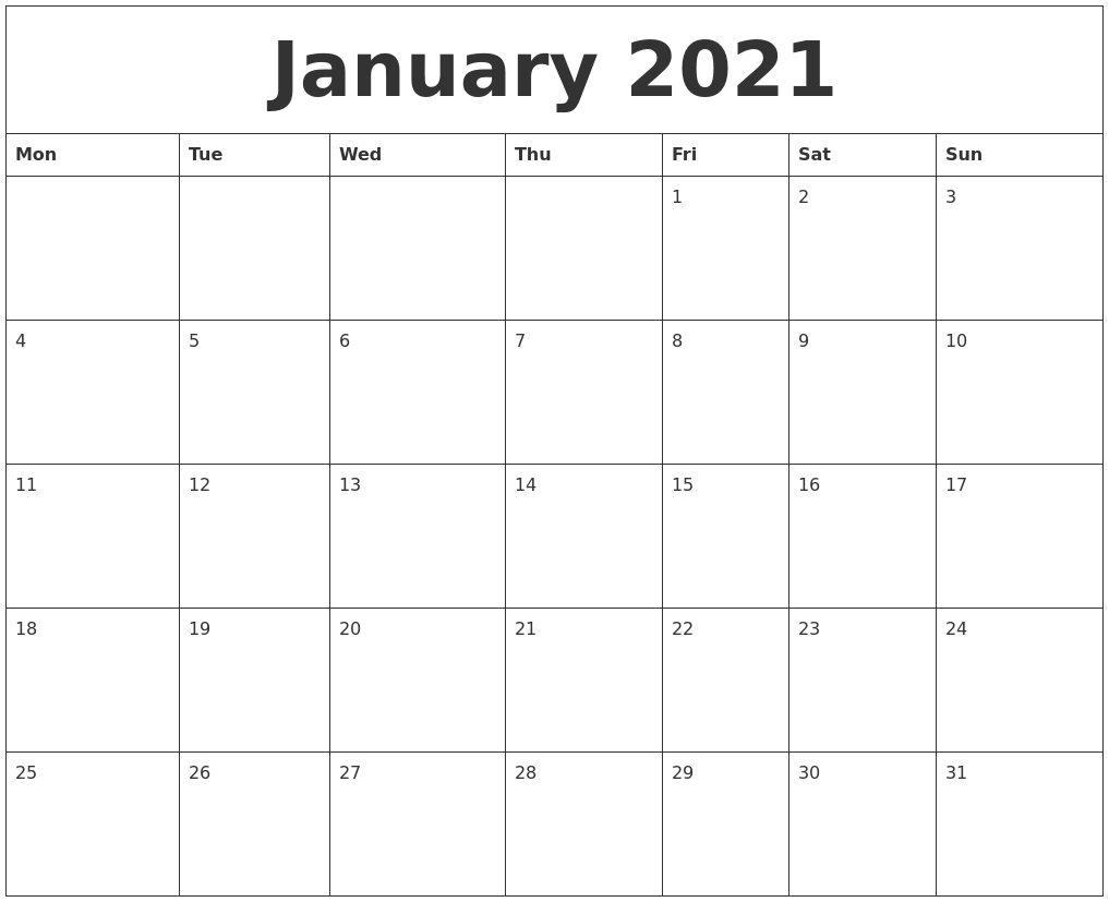 January 2021 Month Calendar Template