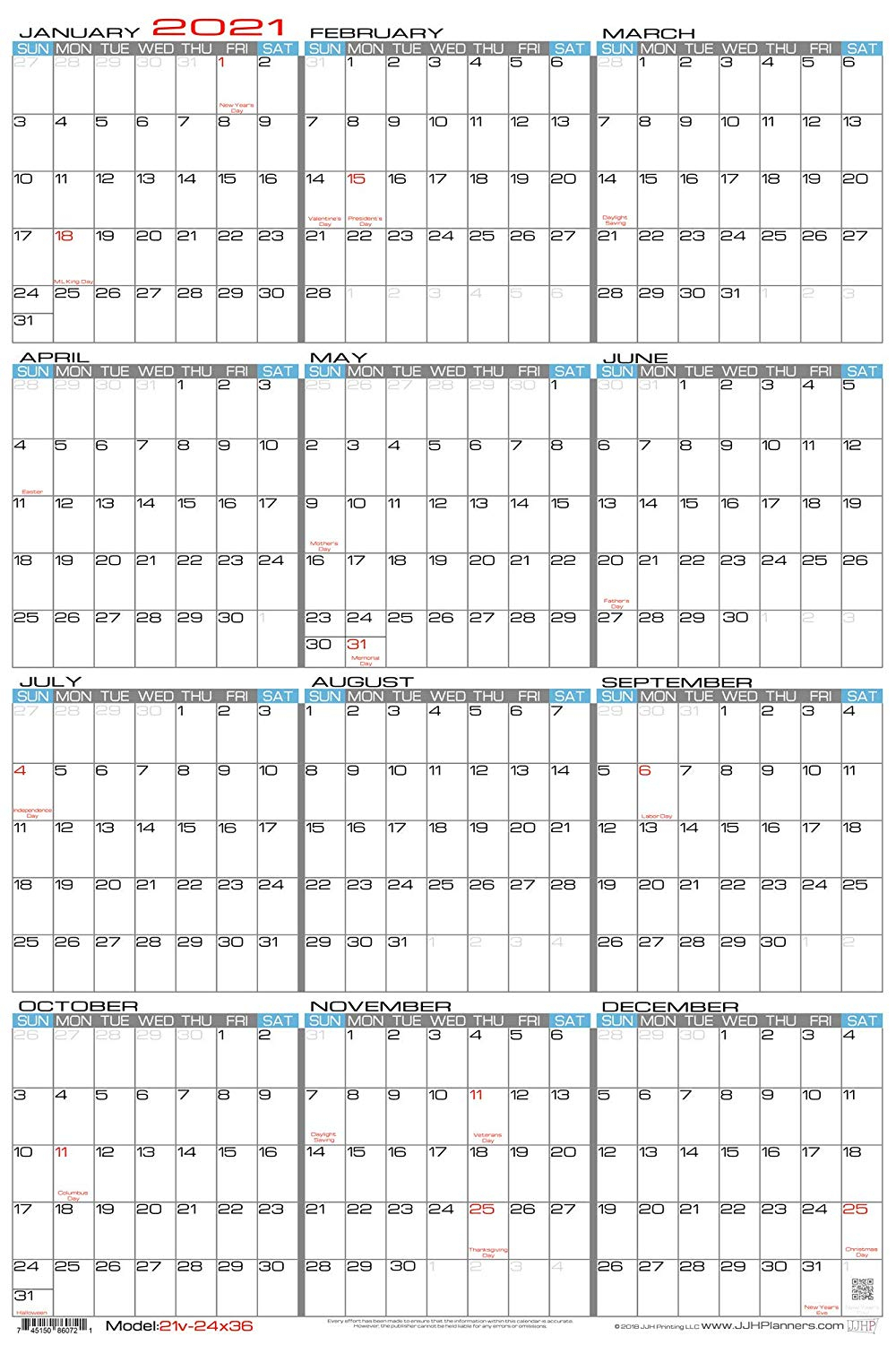 Jjh Planners - Laminated - 24&quot; X 36&quot; Large 2021 Erasable