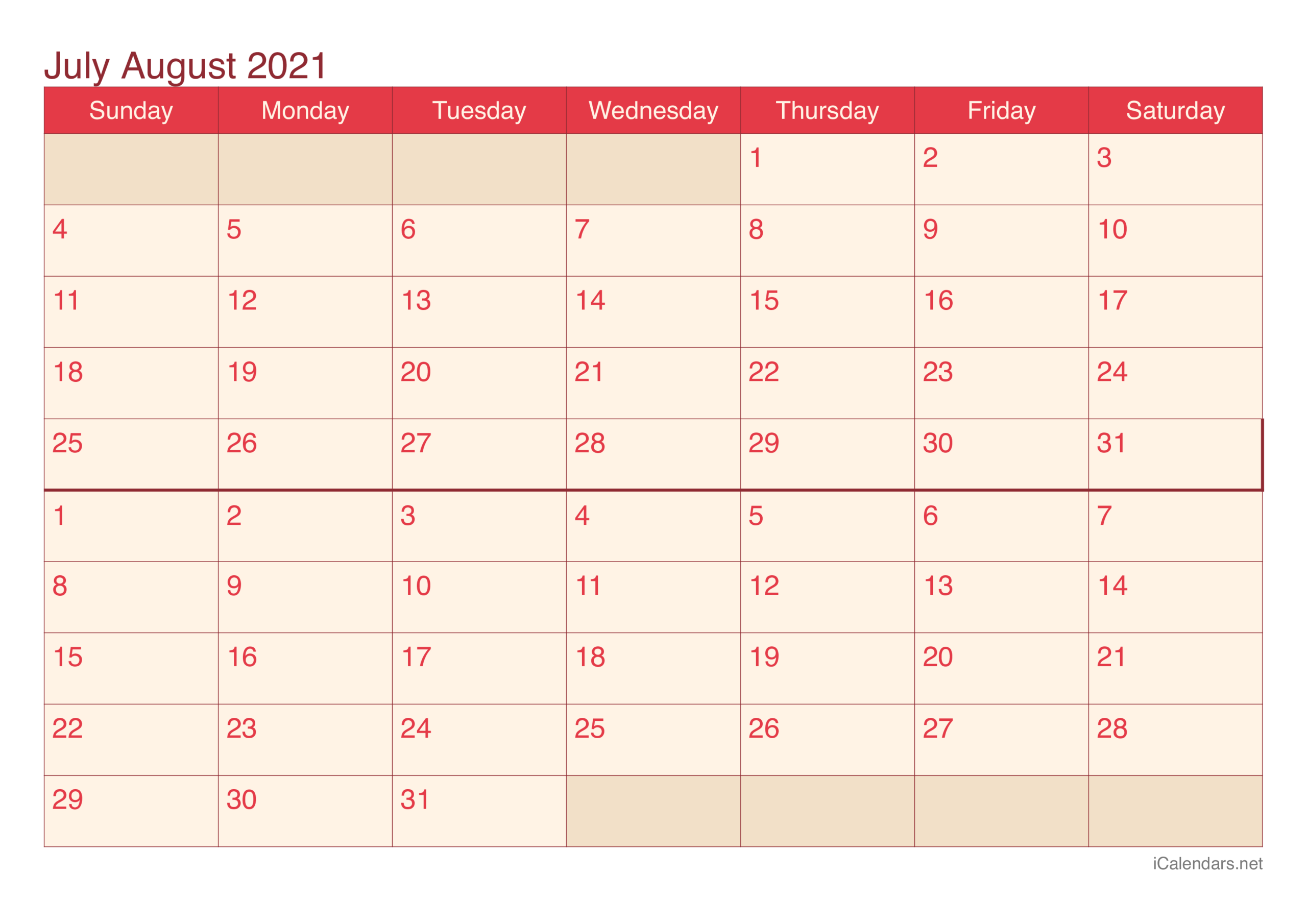 July And August 2021 Printable Calendar - Icalendars