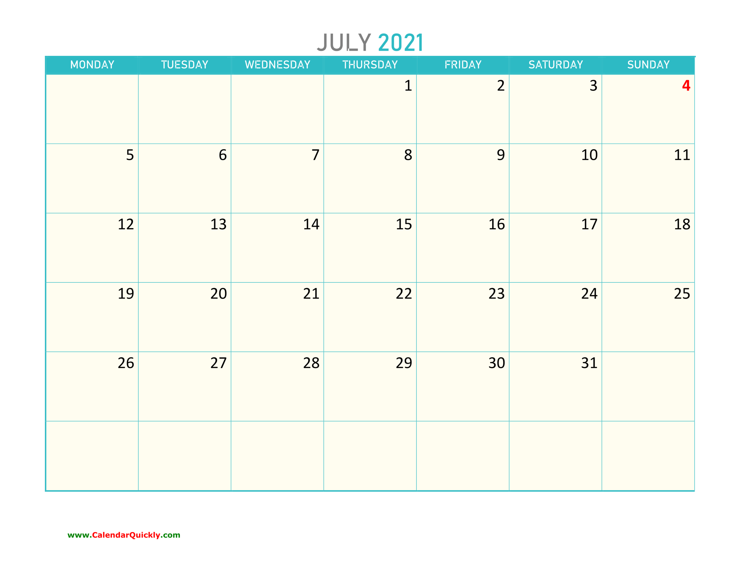 July Monday 2021 Calendar Printable | Calendar Quickly