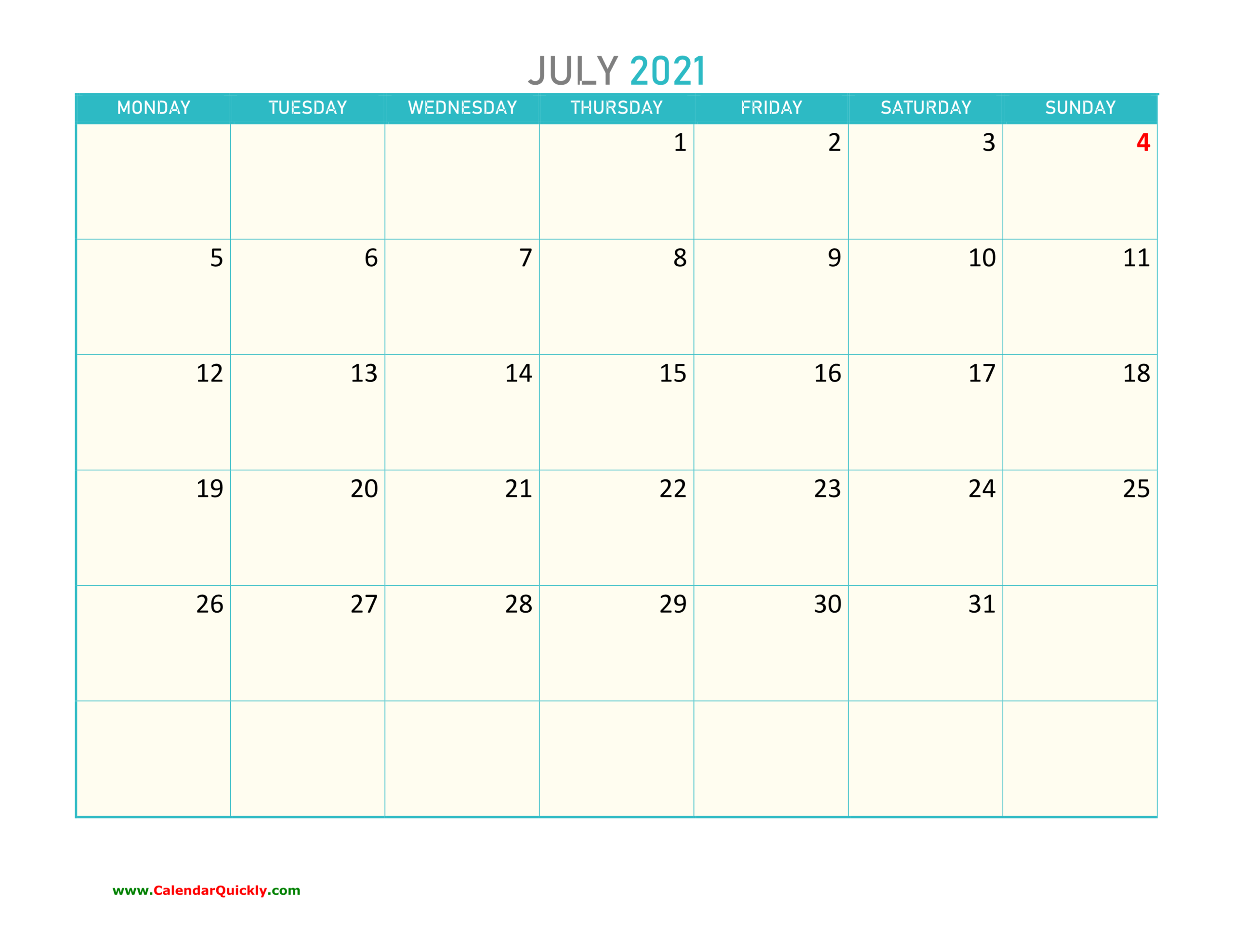 Free Printable 2021 Calendar Monday Start